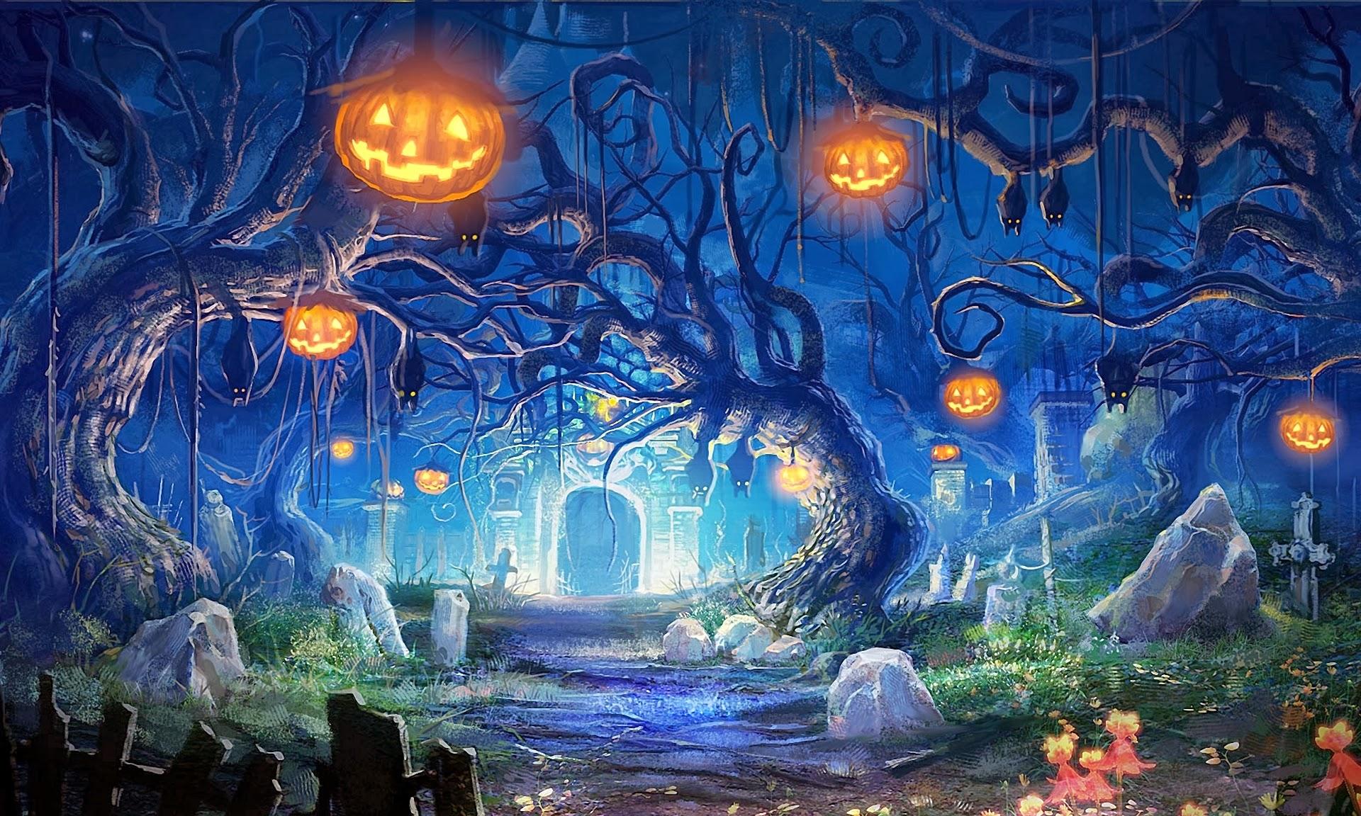 1920x1152 Graveyard Halloween Forest Pumpkin x3 HD Wallpaper