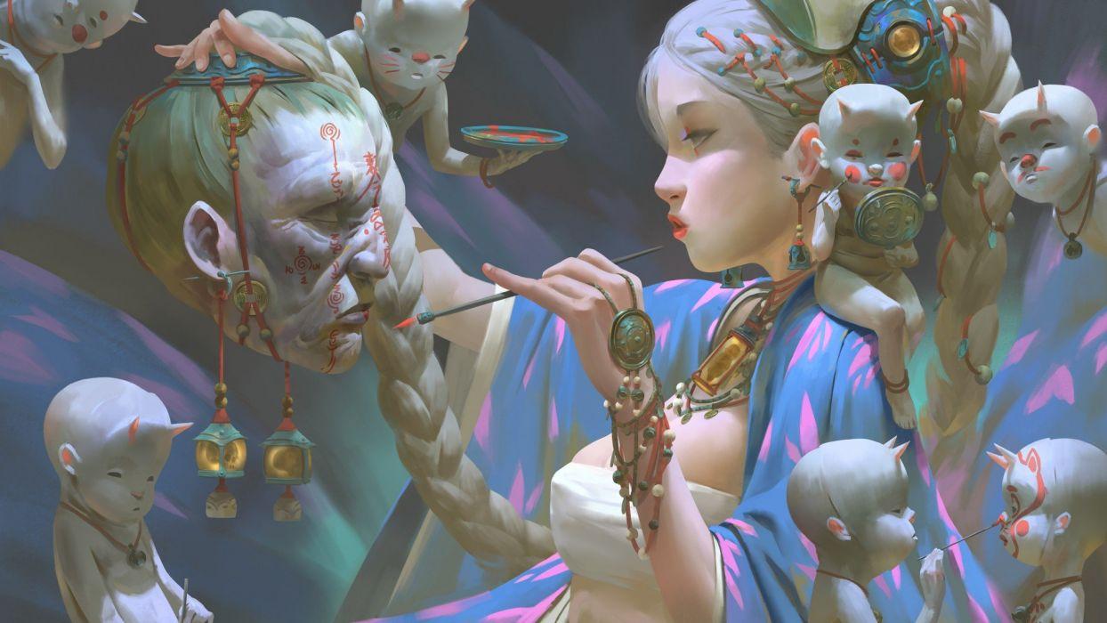1244x700 Fantasy art child digital painting face ghost girl head mask monstrous wallpaperx1080