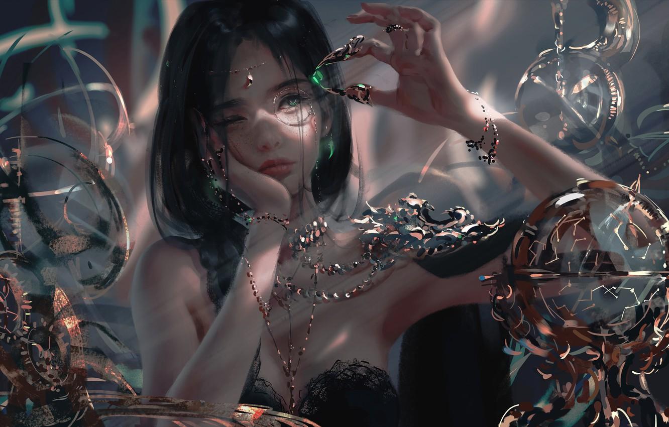 1332x850 Wallpaper girl, fantasy, green eyes, brunette, digital art, artwork, princess, fantasy art, jewelry, fantasy girl, bare shoulders, Ghost blade, Wlop, emeralds, monocle image for desktop, section фантастика