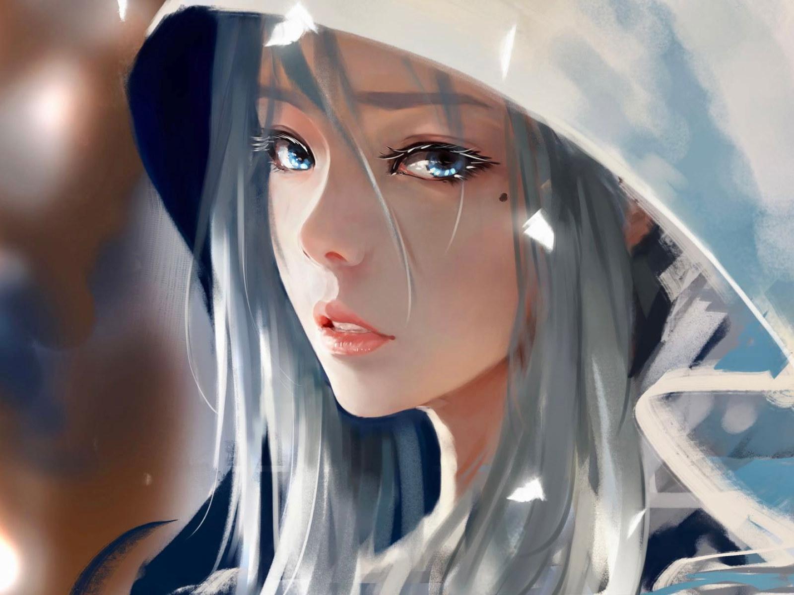 1600x1200 WLOP wallpaper, digital art, drawing, women, face, Ghost + Blade, grey hair • Wallpaper For You HD Wallpaper For Desktop & Mobile