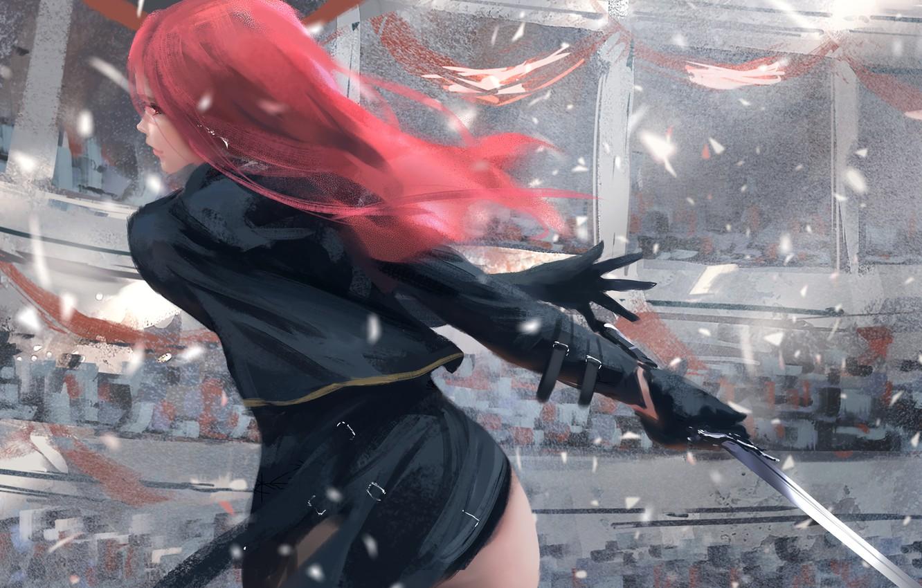 1332x850 Wallpaper girl, sword, fantasy, weapon, redhead, digital art, artwork, warrior, fantasy art, Ghost blade, Wlop image for desktop, section фантастика