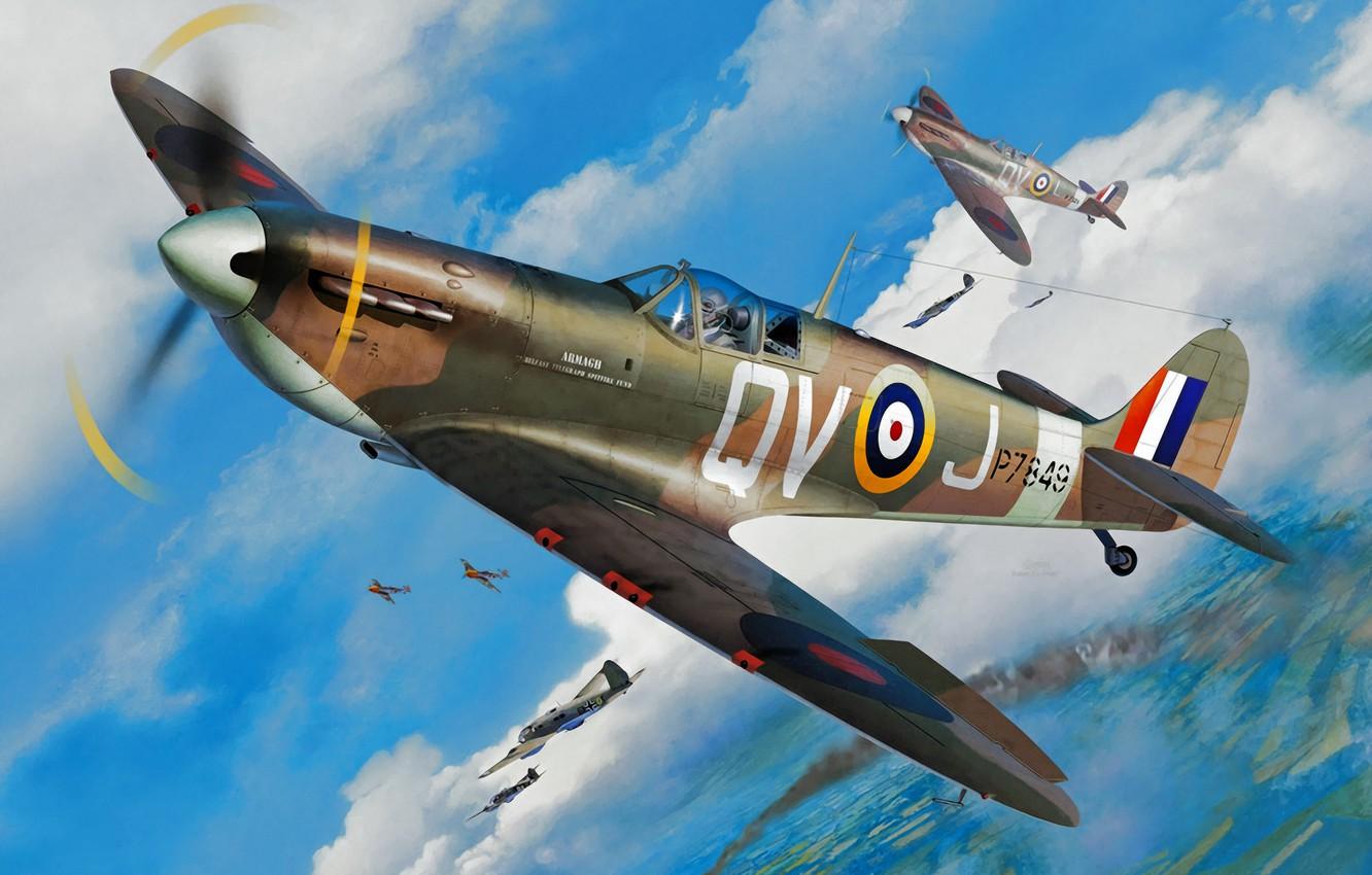 1332x850 Wallpaper war, art, airplane, painting, aviation, Supermarine Spitfire, ww2 image for desktop, section авиация