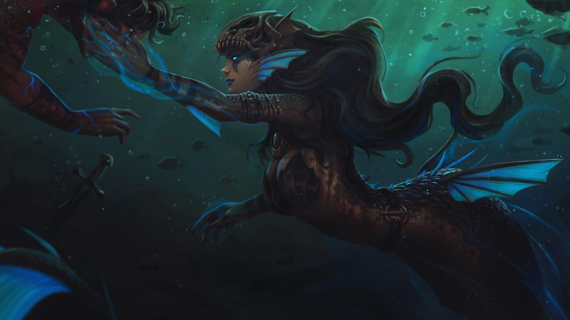 1920x1080 Dark Artwork Fantasy Girl Creature Fantasy Art Mermaids Wallpaper:1920x1080