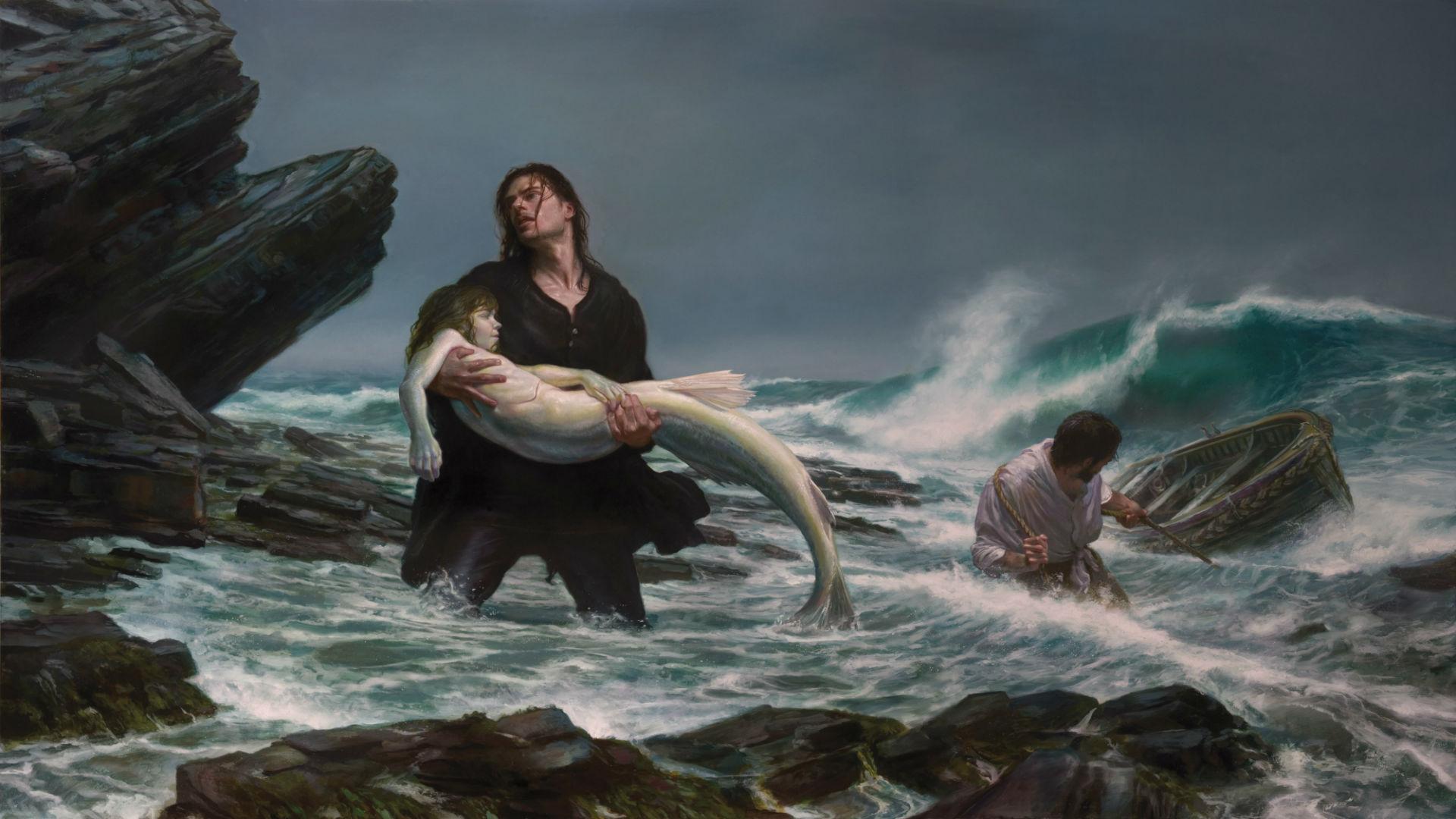 1920x1080 Fantasy art mermaids storm waves beaches mood sad sorrow love art dark wallpaperx1080