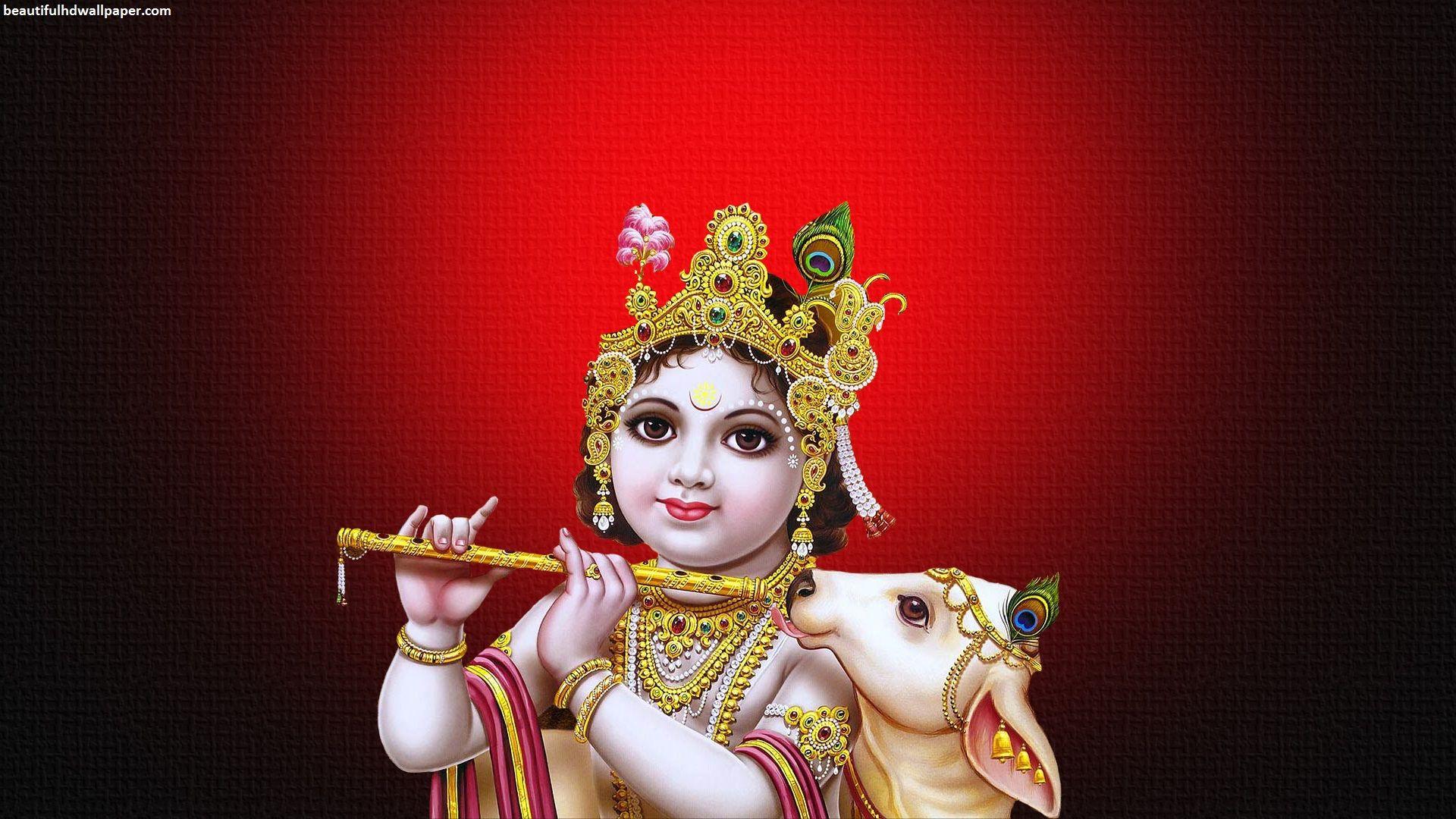 1920x1080 Cute bal Krishna and cow. Beautiful HD wallpaper