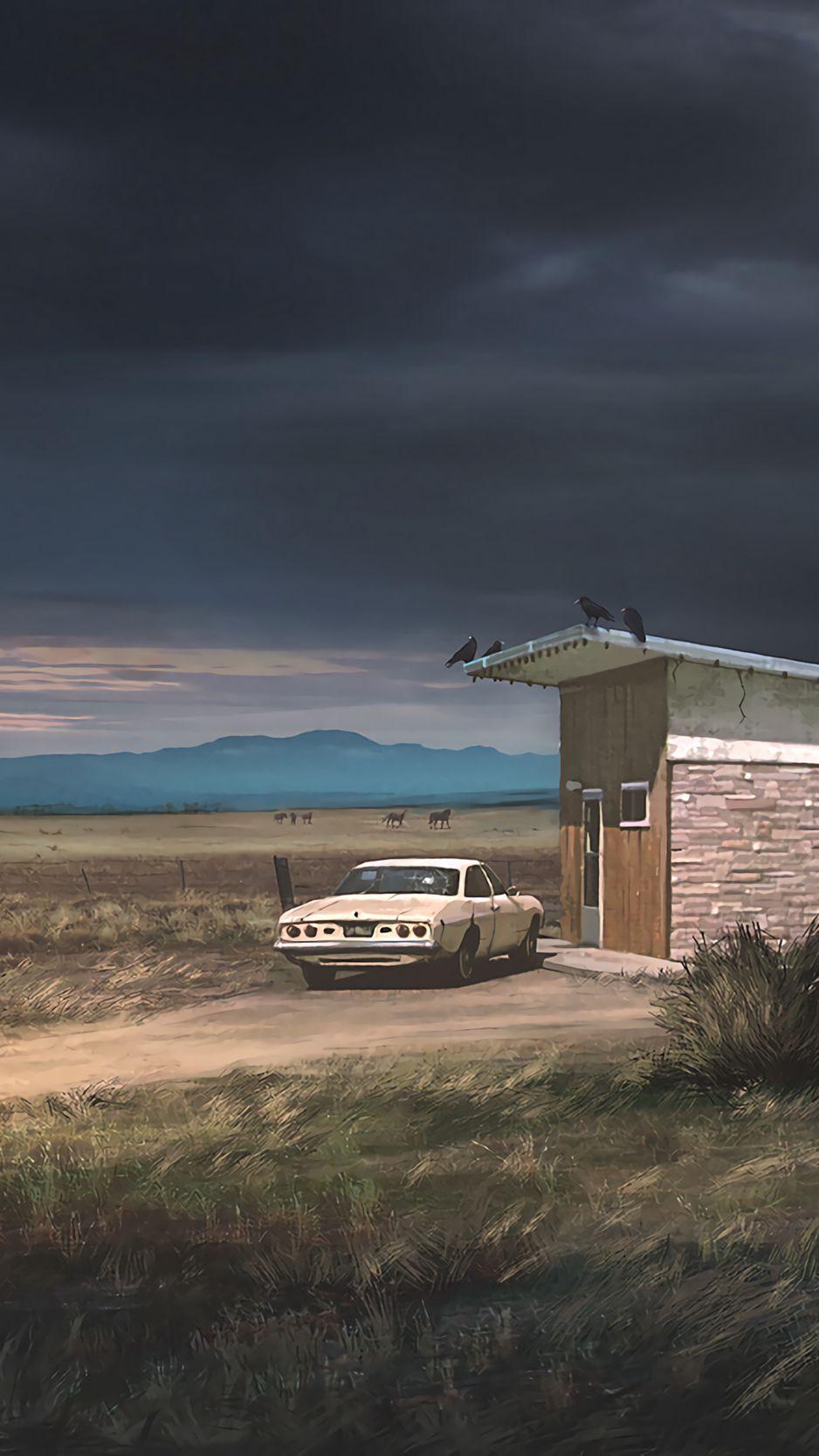 938x1668 Download Wallpaper 938x1668 Ranch, Car, Building, Country, Landscape, Rain Clouds Iphone 8 7 6s 6 For Parallax HD Background