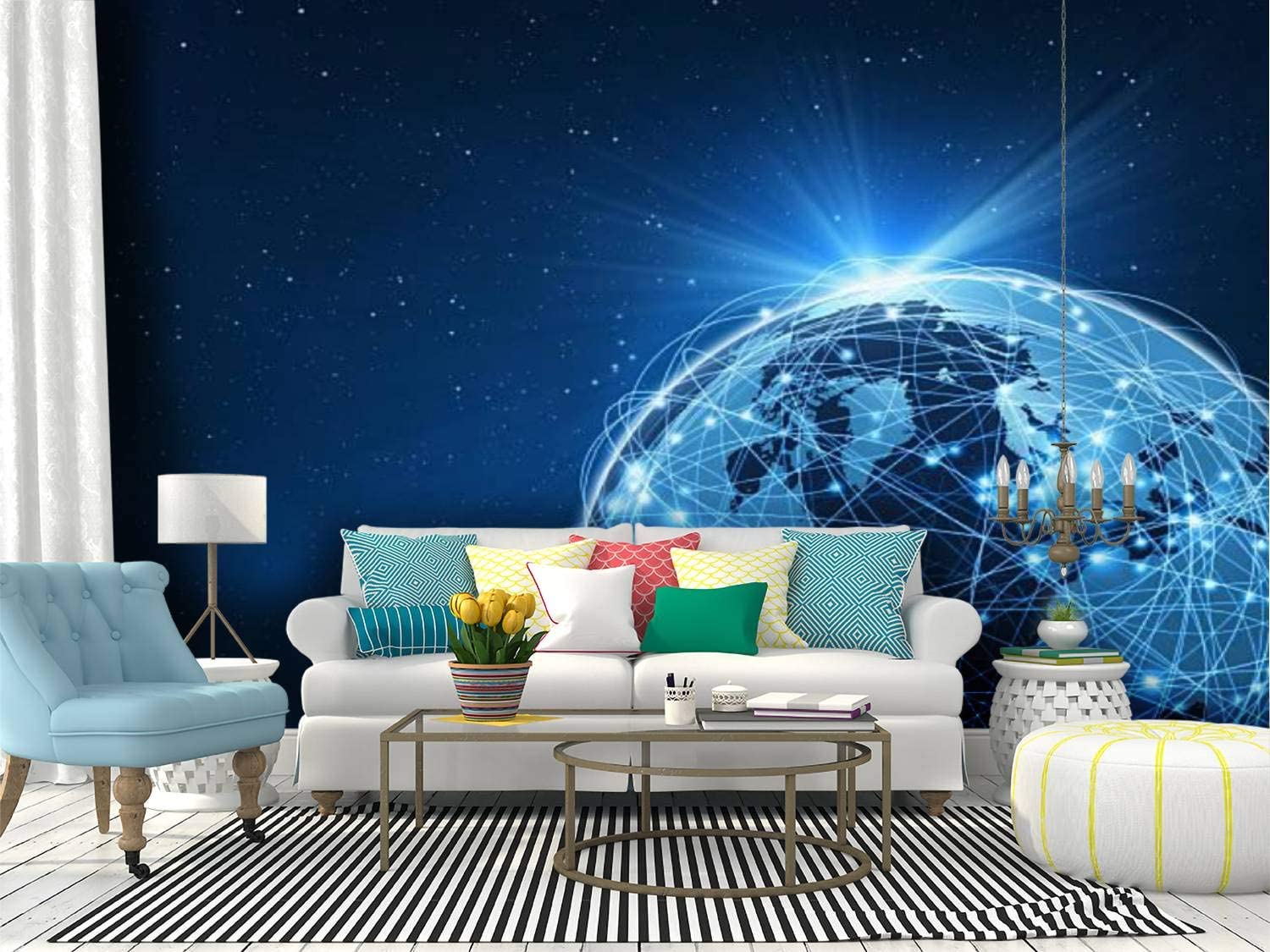 1500x1125 Self Adhesive Wallpaper Roll Paper world connected by computer network on blue space background world Removable Peel and Stick Wallpaper Decorative Wall Mural Posters Home Covering Interior Film : Tools