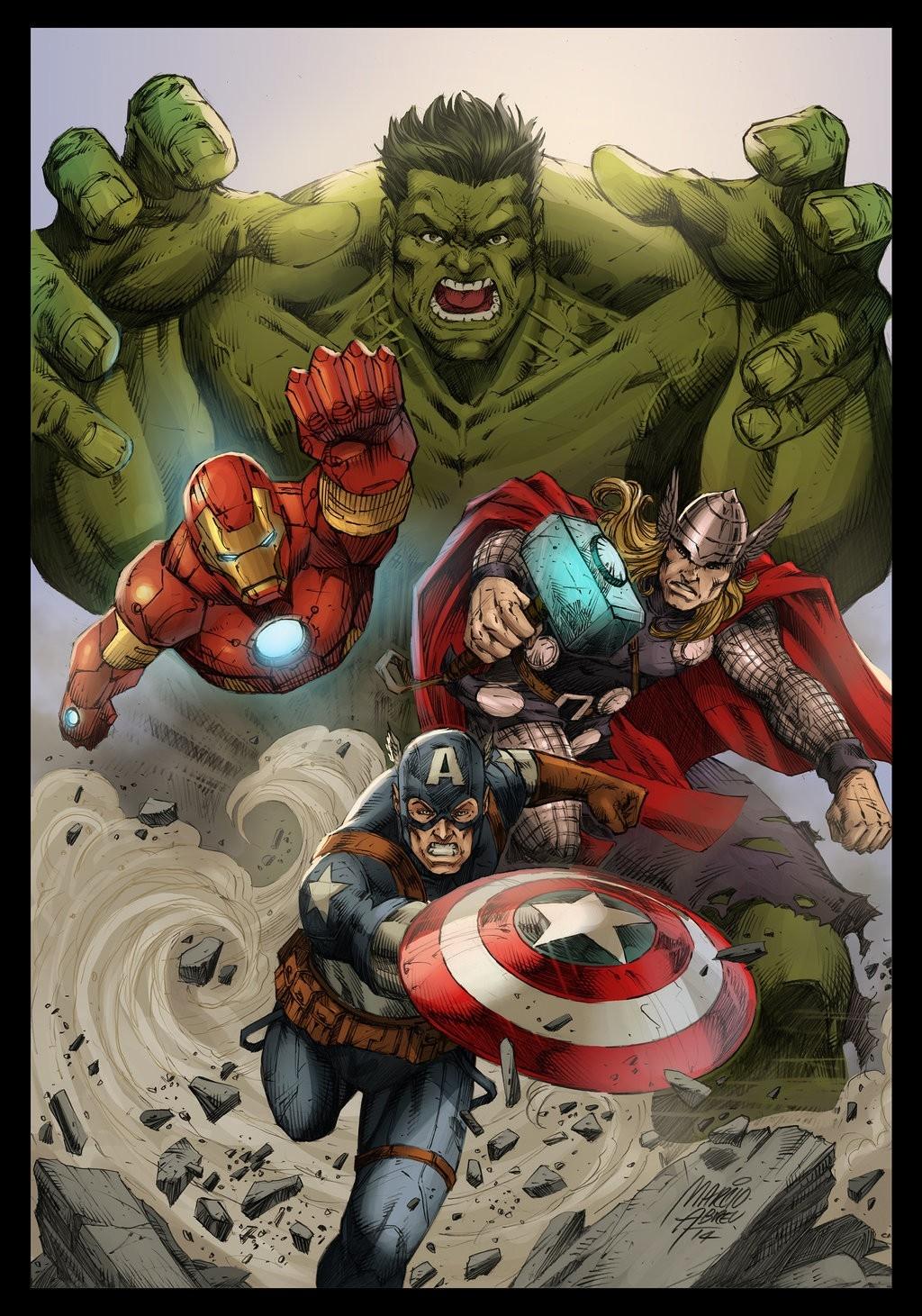 1024x1461 illustration, Thor, superhero, Iron Man, Hulk, Captain America, The Avengers, comics, fictional character, comics artist, comic book, fiction HD Wallpaper