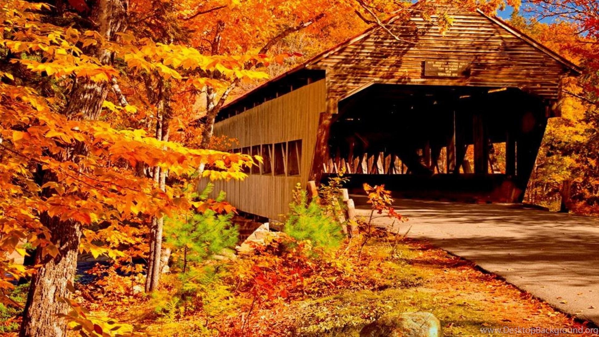 1920x1080 Autumn Covered Bridge Wallpaper Desktop Background