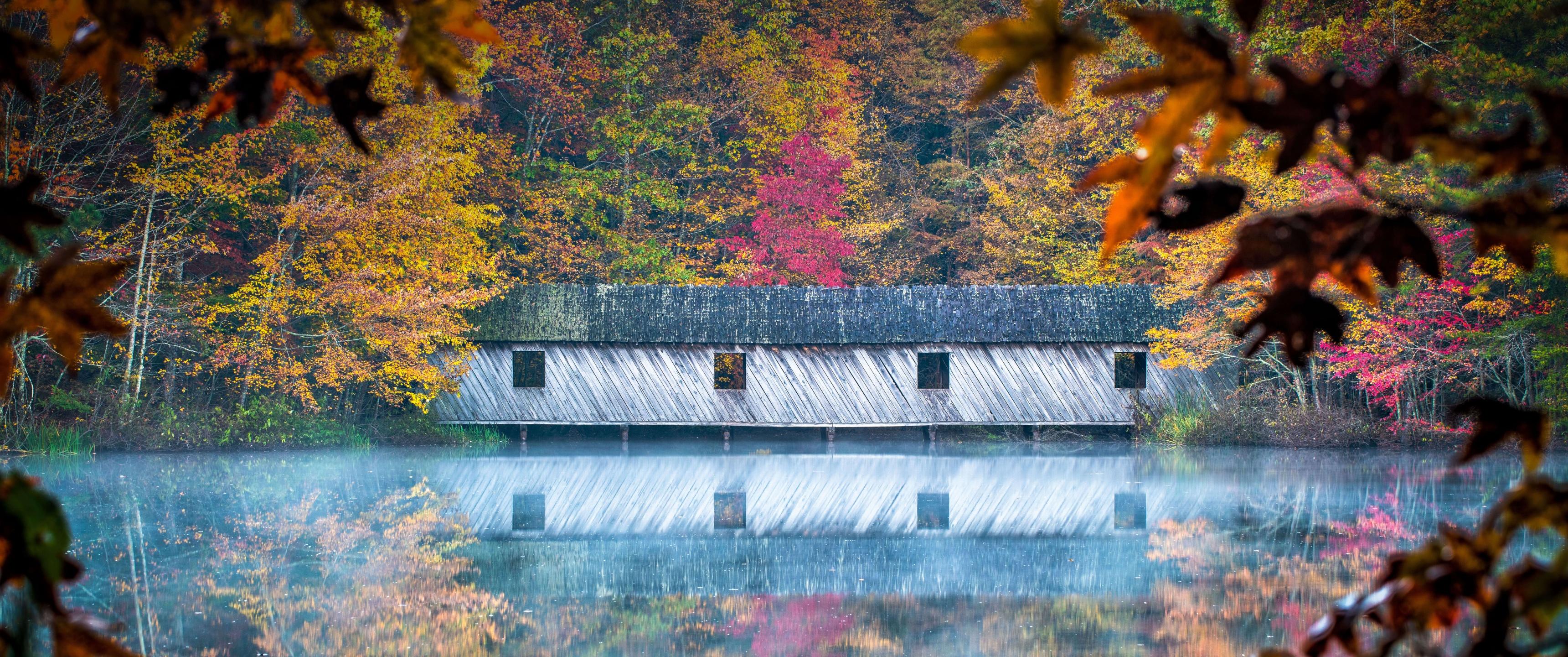 3440x1440 Cambron Covered Bridge Wallpaper 4K, Huntsville, Alabama, Reflection, River, Autumn, Photography