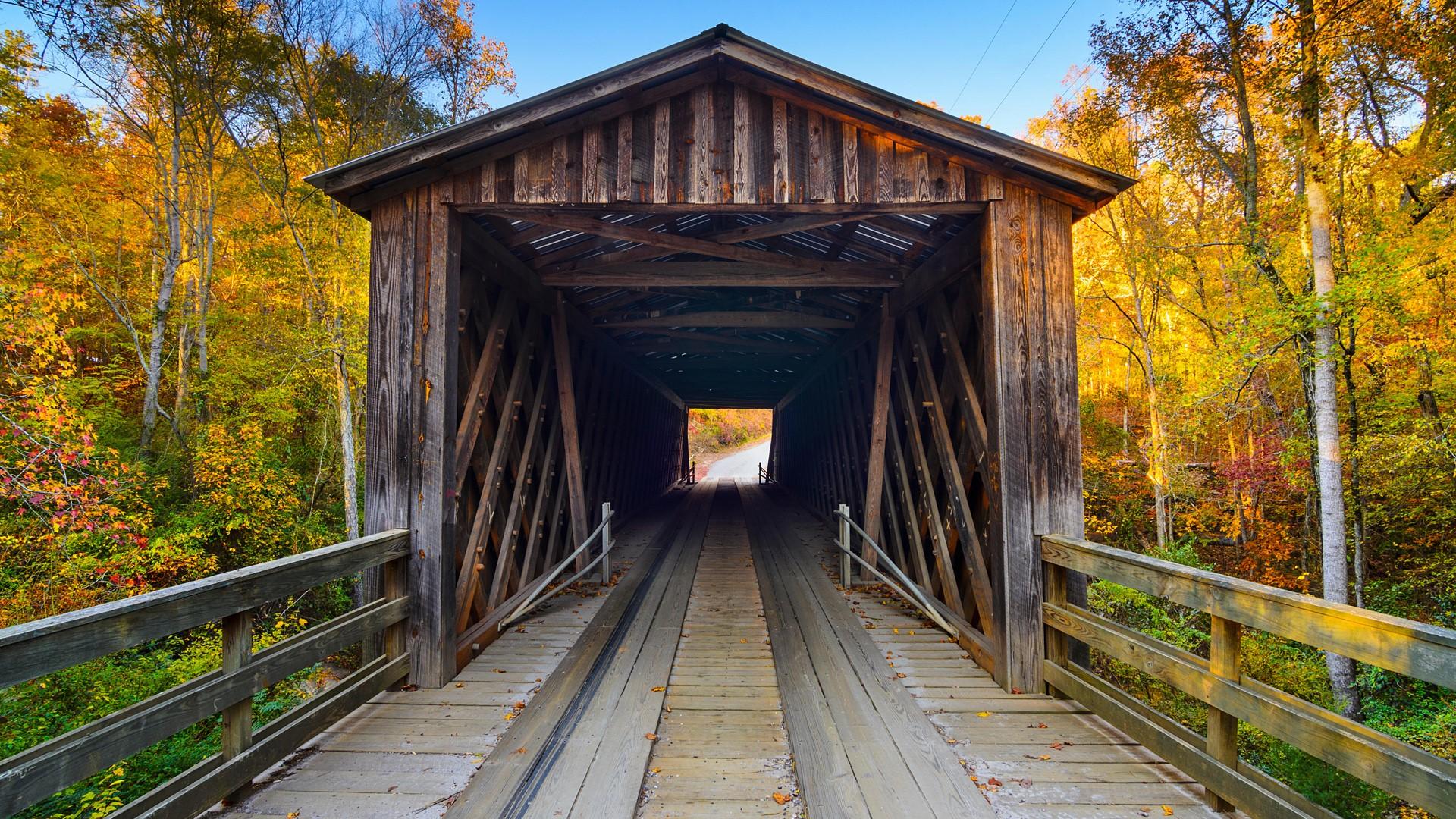 1920x1080 Elder's covered bridge in the fall season in Oconee, Georgia, USA. Windows 10 Spotlight Image