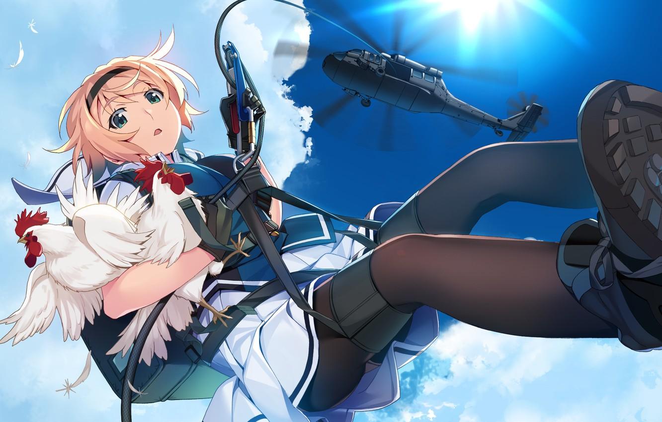 1332x850 Wallpaper the sky, girl, anime, helicopter, chickens, Grisaia: Phantom Trigger image for desktop, section сёнэн