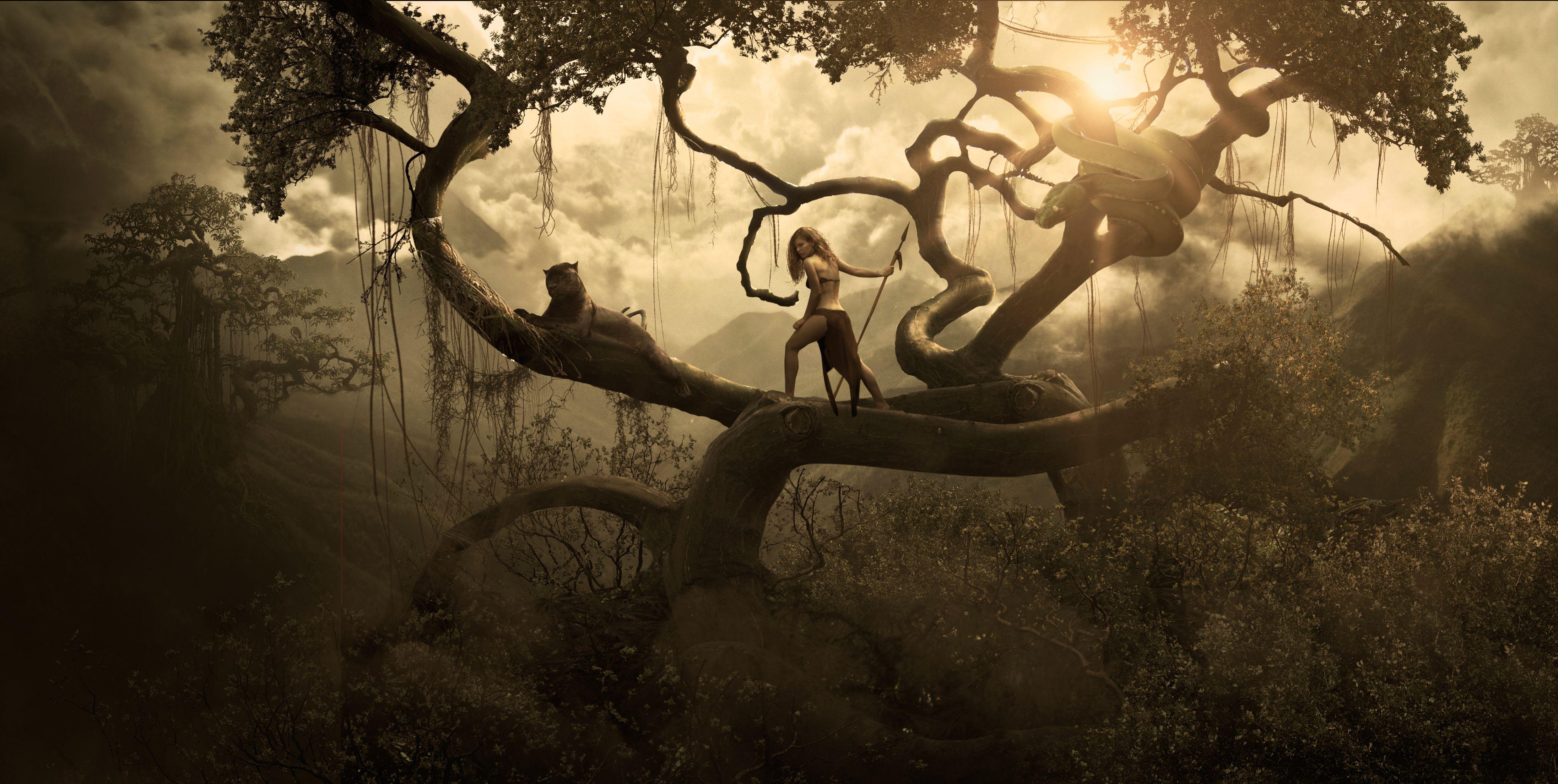 4386x2208 Wallpaper Jungle, Girl, Black Panther, Big snake, 4K, Fantasy