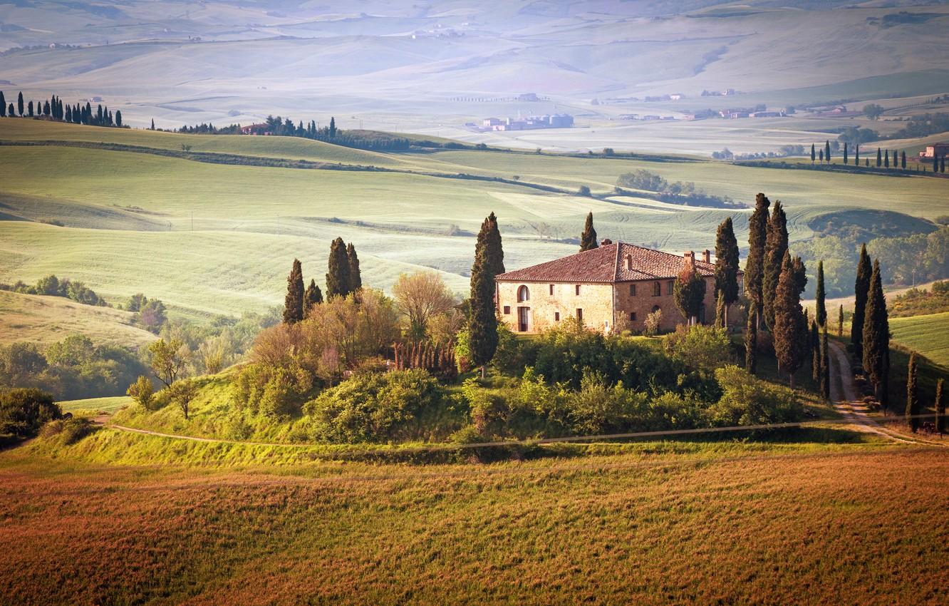 1332x850 Wallpaper summer, the sky, trees, landscape, nature, house, Italy, summer, house, Landscape, sky, trees, Italy, nature, the countryside, green field image for desktop, section пейзажи