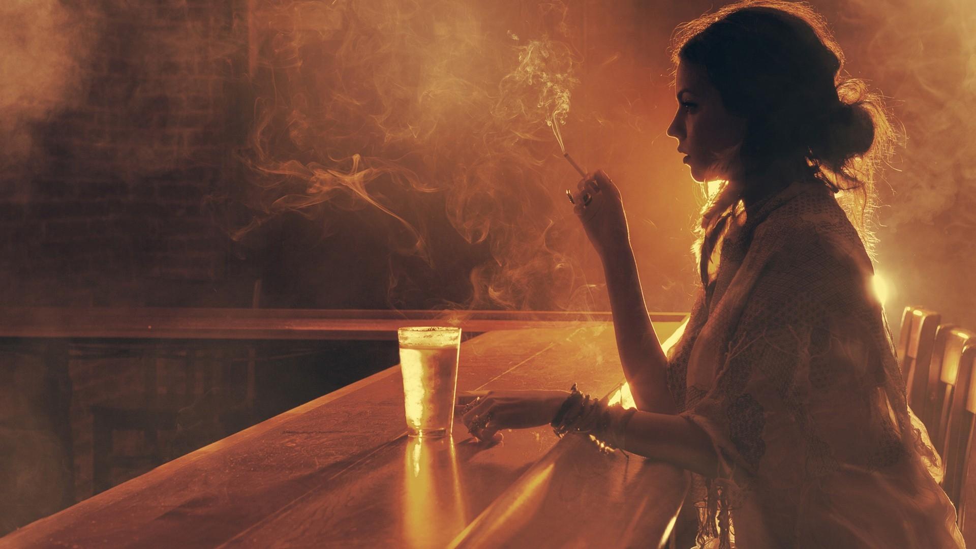 1920x1080 women smoking bar sepia illuminated lone woman