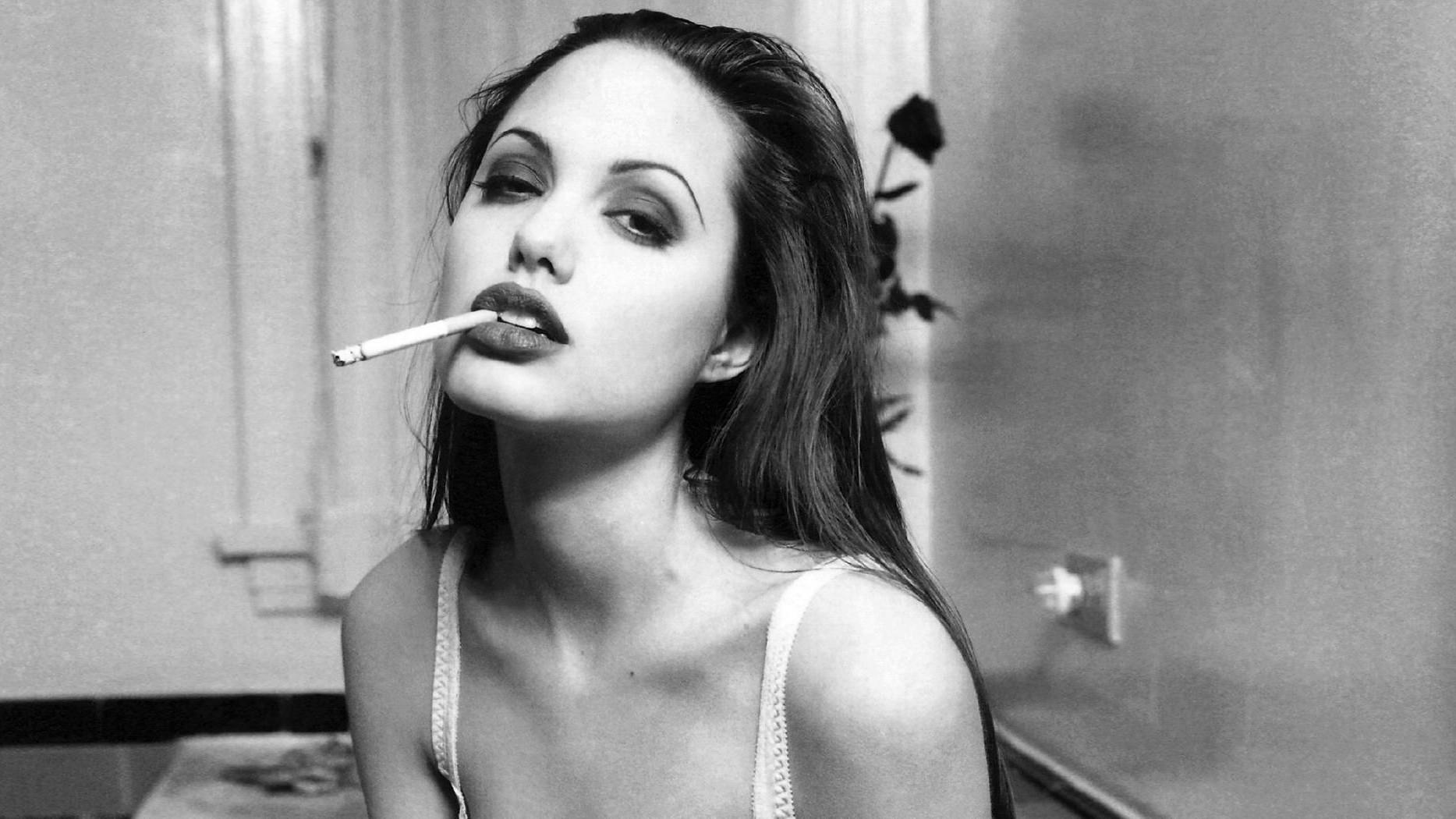 1867x1050 #women, #celebrity, #Caucasian, #cigarettes, #Angelina Jolie, #actress, #white lingerie, #smoking, wallpaper HD Wallpaper