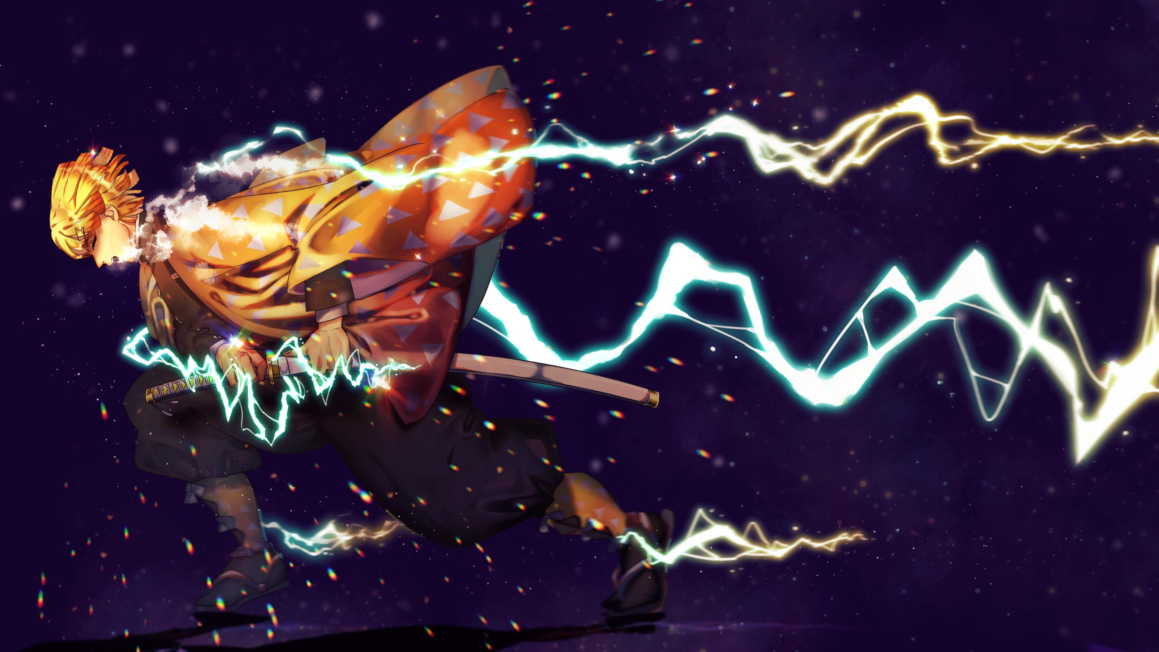 3840x2160 Demon Slayer Zenitsu Agatsuma With Sword And Lightning With Dark Purple Background 4K HD Anime Wallpaper