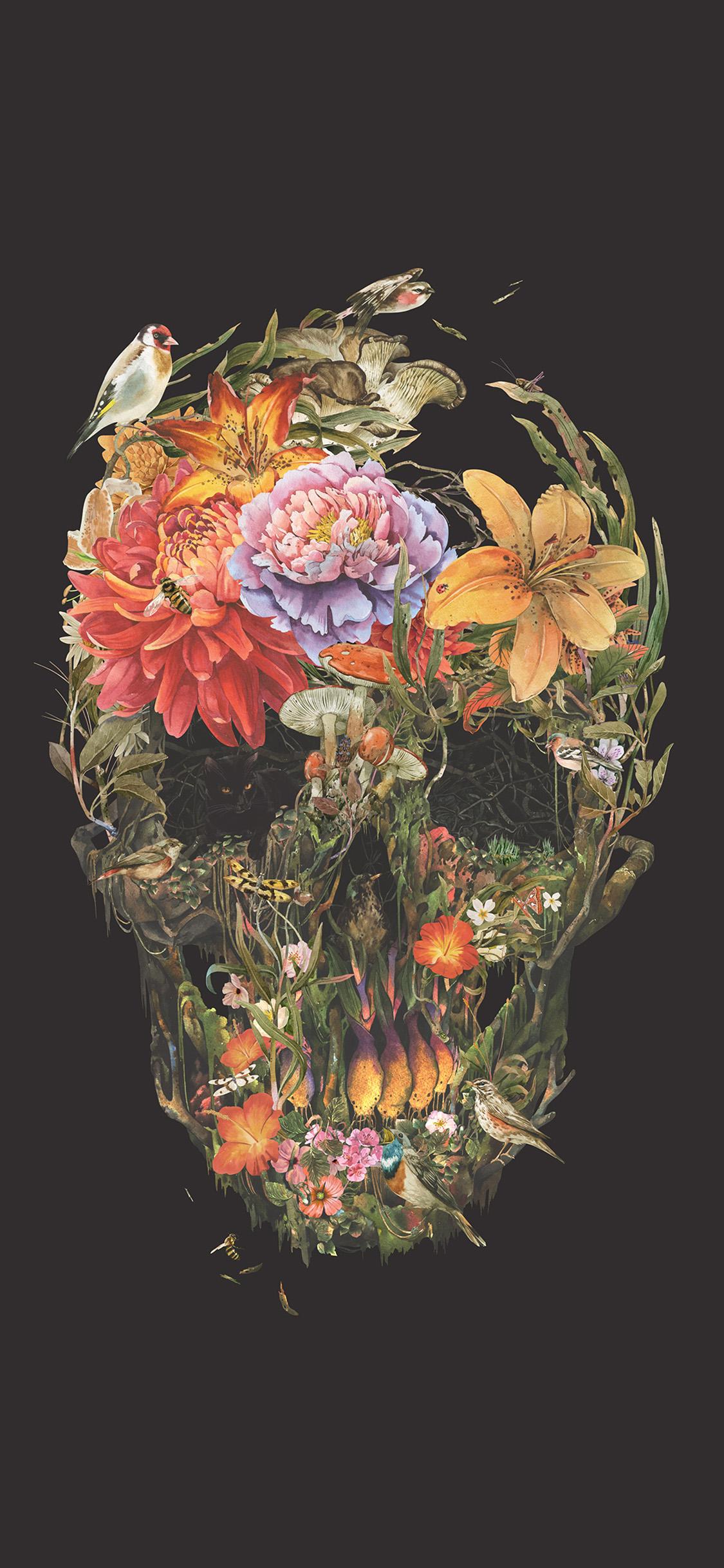 1125x2436 Skull Flower Dark Painting Art Wallpaper