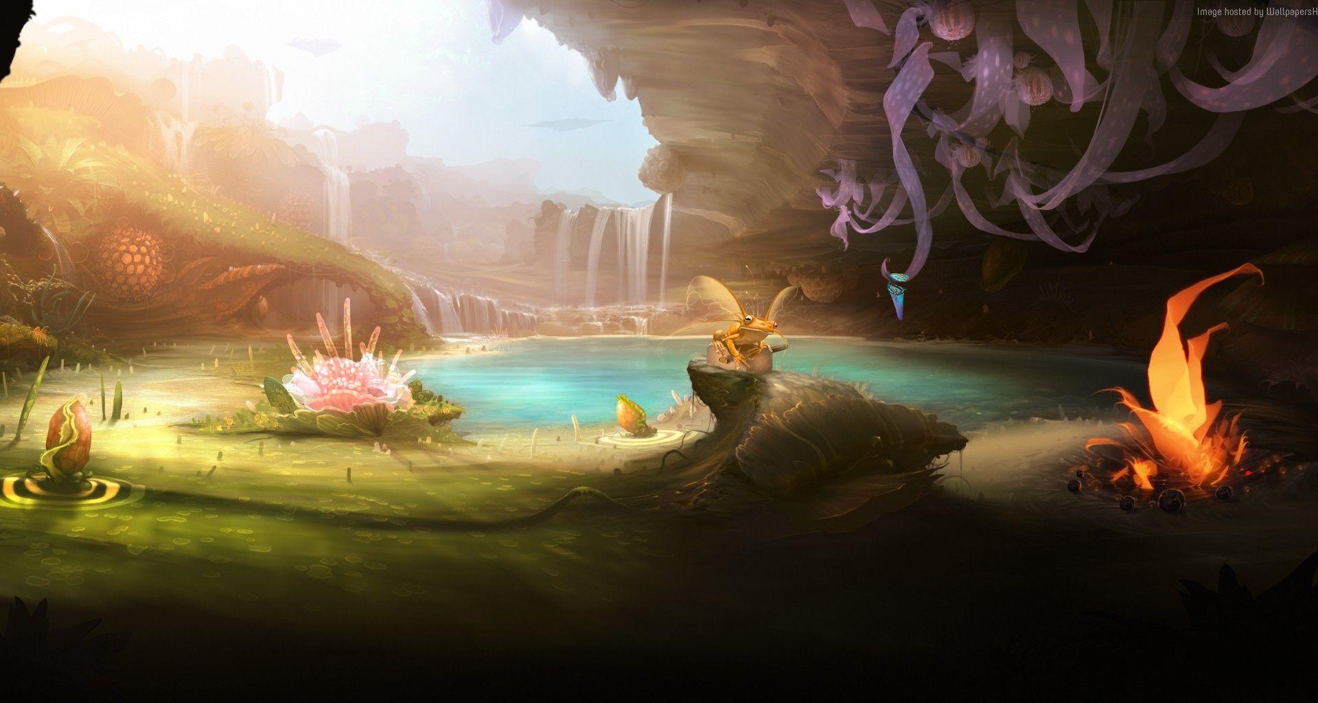 1920x1024 Desktop Wallpaper Fantasy Forest, Frog, Pond, Flowers, HD Image, Picture, Background, Ujoy4
