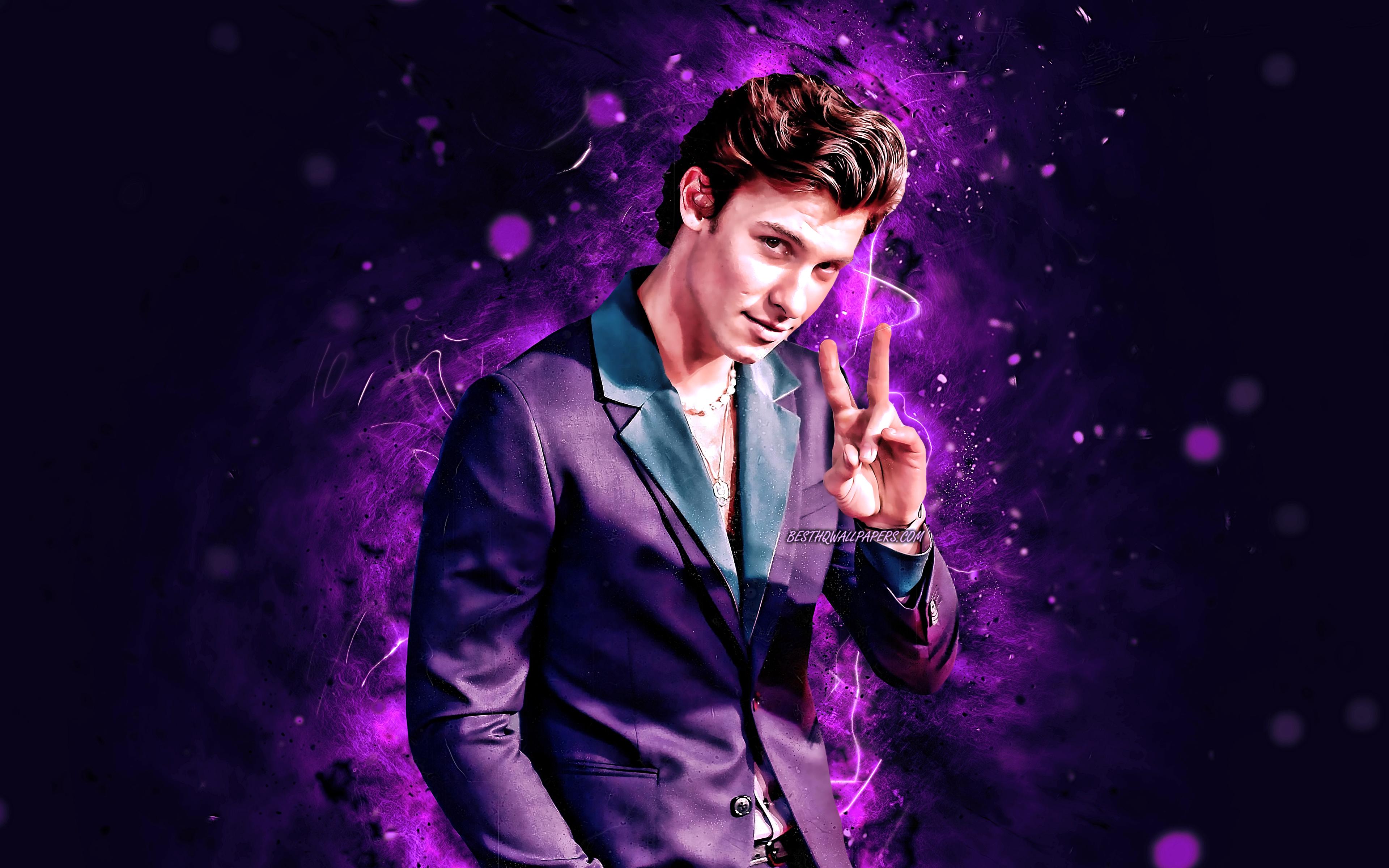 3840x2400 Download wallpaper Shawn Mendes, 4k, violet neon lights, canadian singer, music stars, Shawn Peter Raul Mendes, fan art, Shawn Mendes 4K for desktop with resolution 3840x2400. High Quality HD picture wallpaper