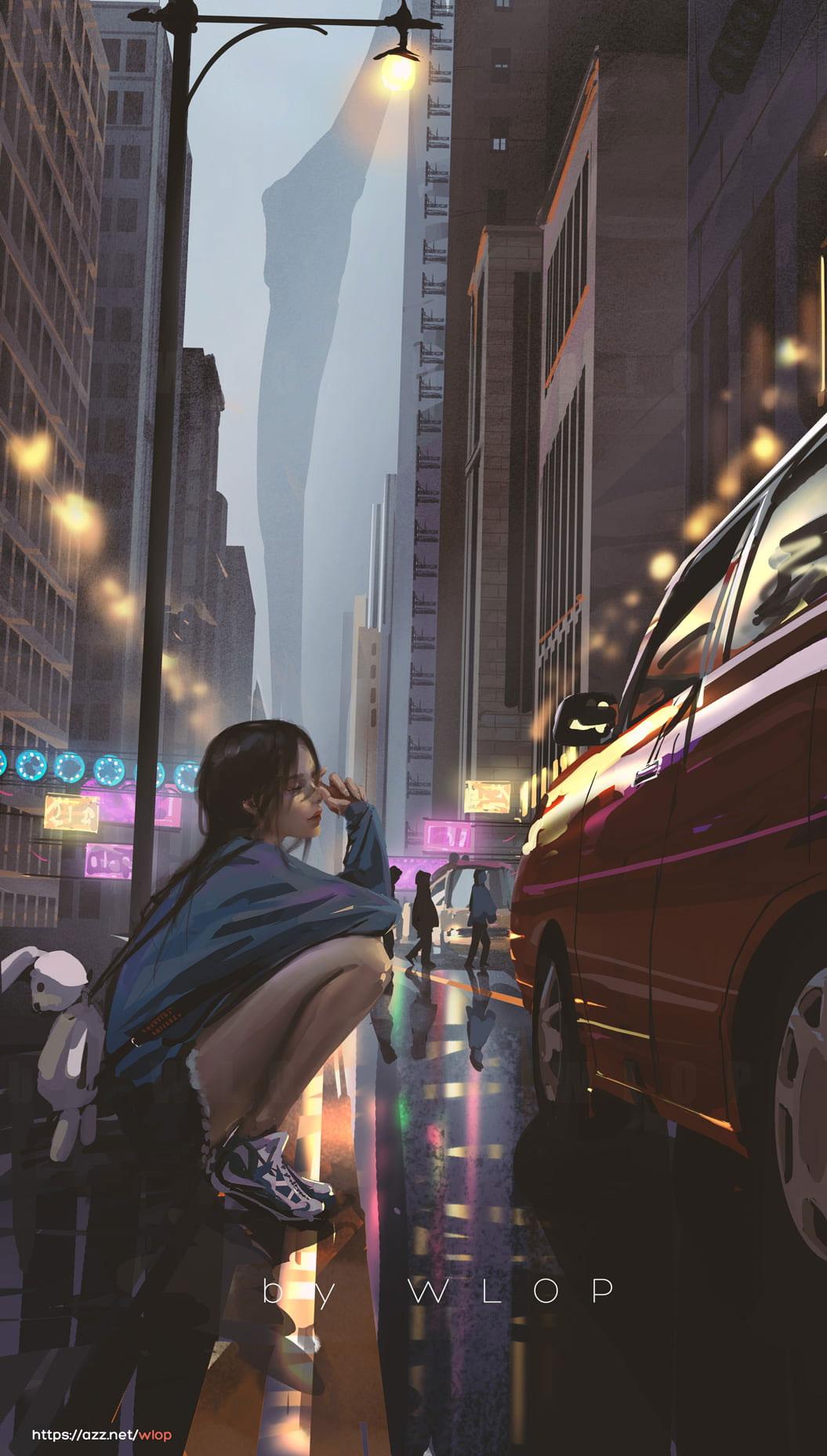 1055x1857 Wallpaper Vertical, Anime, Anime Girls, Wlop, Car, City