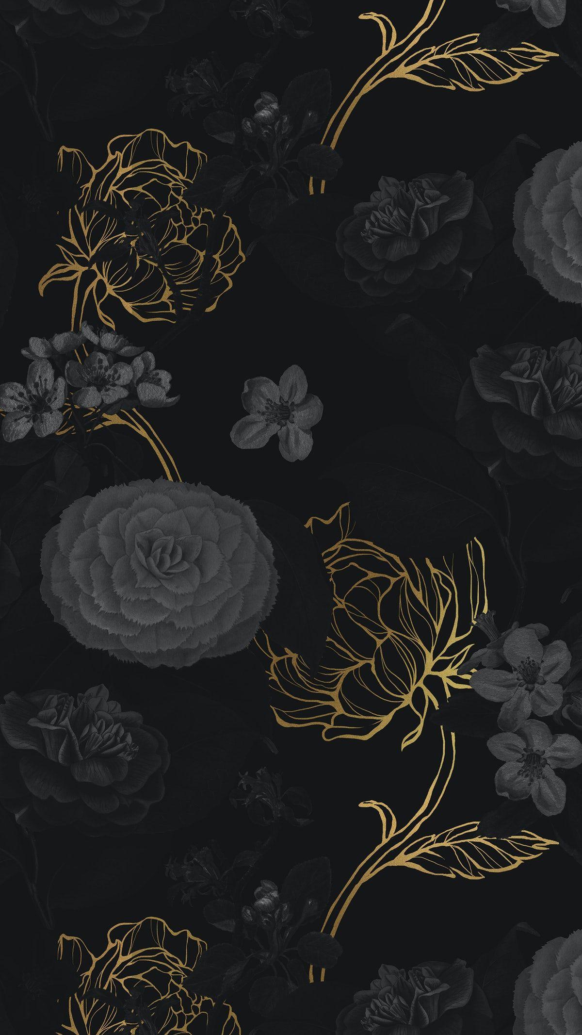 1200x2133 Download premium illustration of Hand drawn dark and gold flower patterned backgro. Dark phone wallpaper, Black wallpaper iphone dark, Black background wallpaper