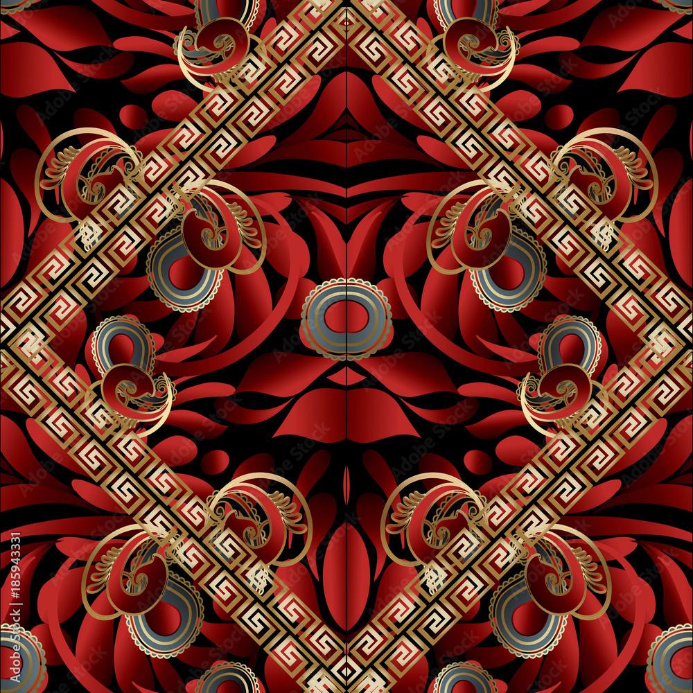 1000x1000 Modern paisley seamless pattern. Black red gold floral vector background. Beautiful 3D wallpaper. Vintage paisley flowers, meanders, greek key frames and ornaments. Luxury surface texture for design. Stock Vector
