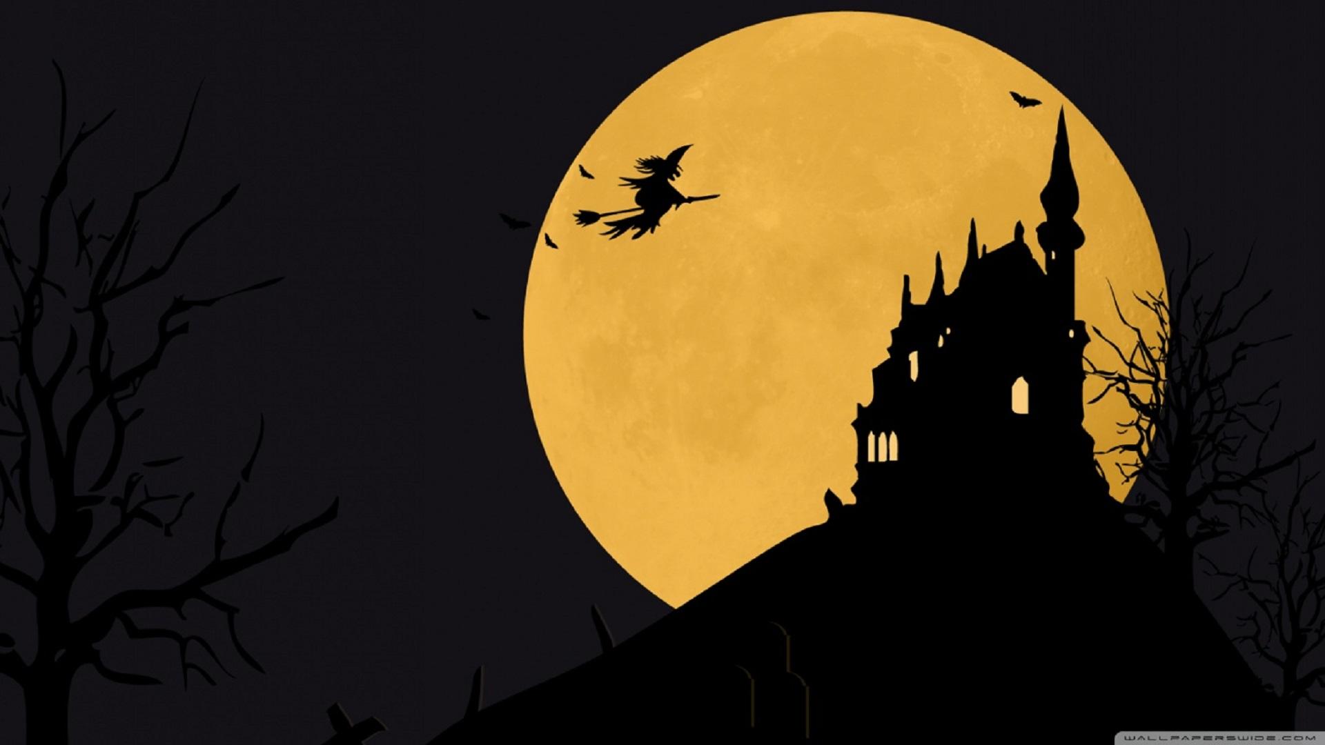 1920x1080 halloween wallpaper hd, full moon, sky, light, moon, silhouette, yellow, celestial event, branch, tree, illustration