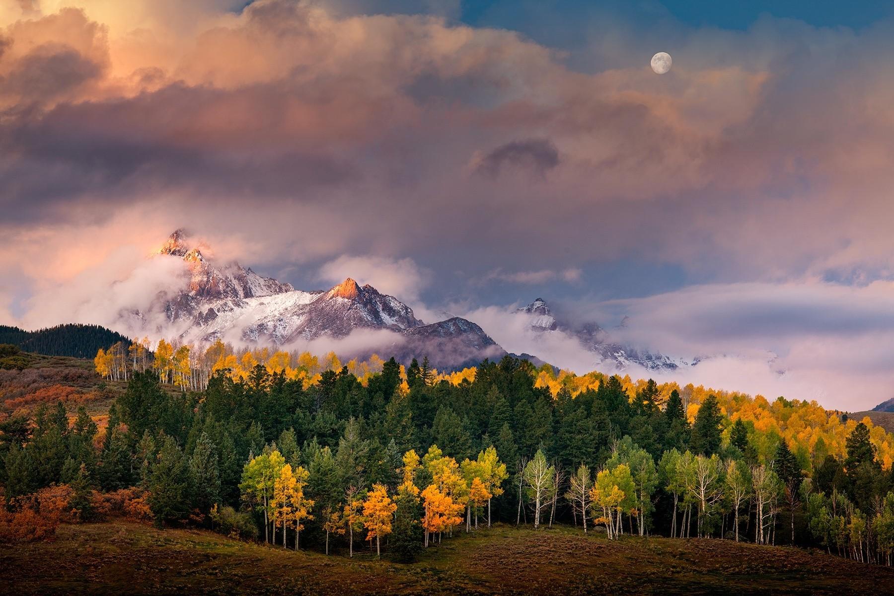 1800x1200 nature, Landscape, Mountain, Sunrise, Forest, Fall, Moon, Clouds, Trees, Sunlight, Snowy Peak, Colorado Wallpaper HD / Desktop and Mobile Background