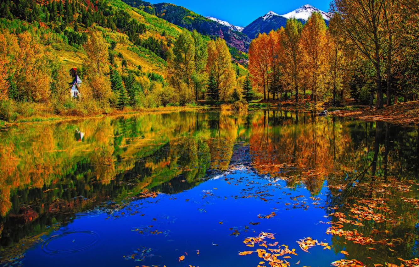 1332x850 Wallpaper autumn, trees, mountains, lake, Colorado, USA, Telluride image for desktop, section пейзажи