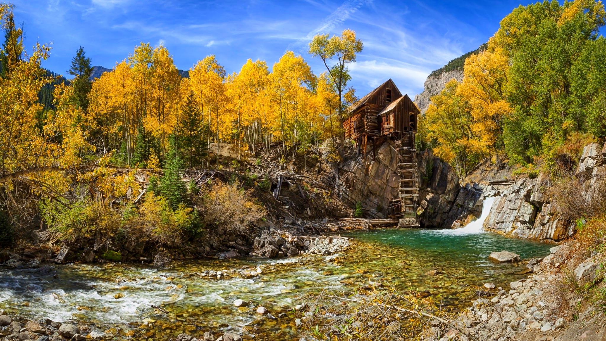 2048x1152 fall, Nature, Mill, River, Forest, Landscape, Colorado, Trees, Yellow, Blue, Shrubs, Mountain Wallpaper HD / Desktop and Mobile Background