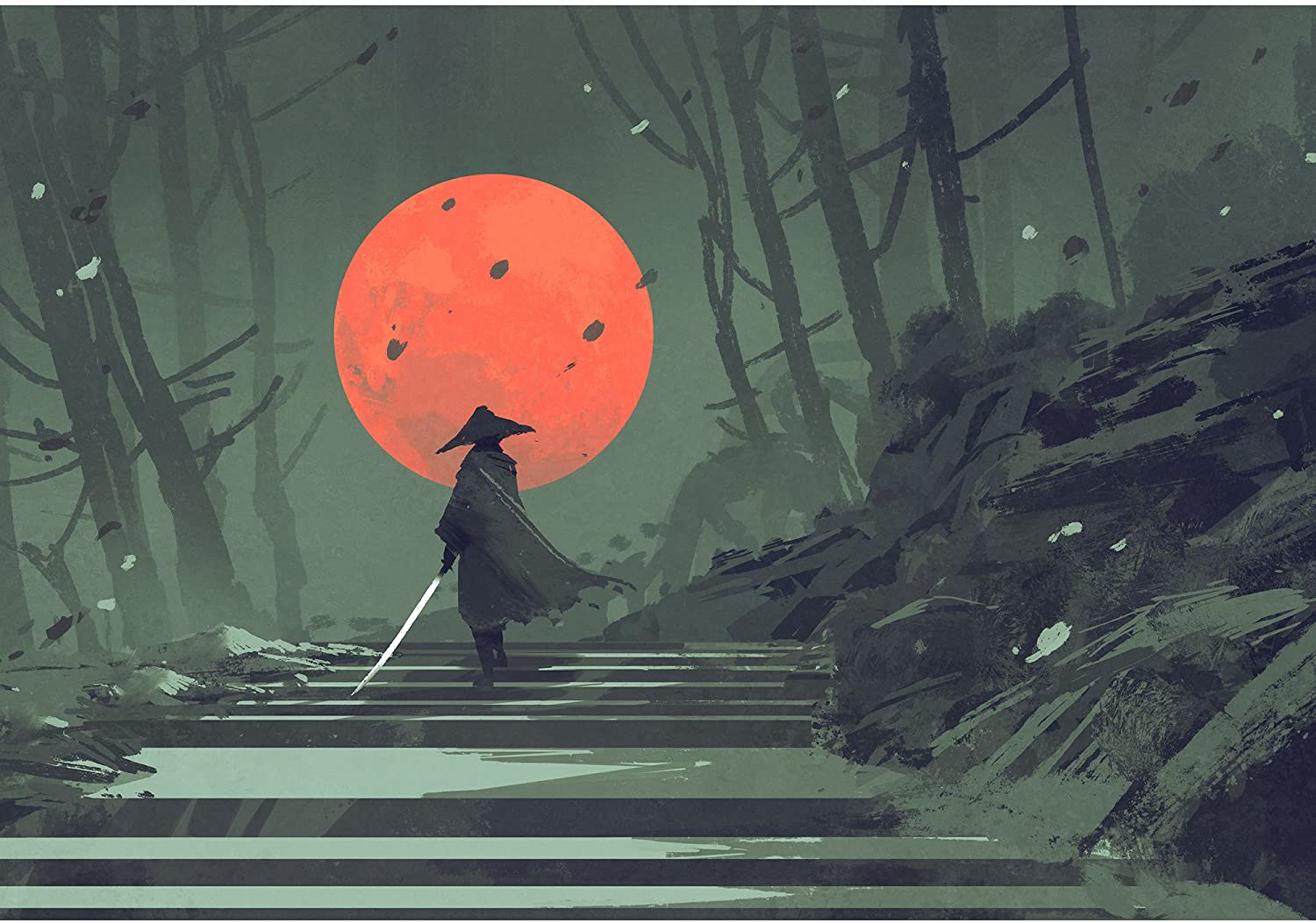 1500x1053 Wall26 Standing On Stairway In Night Forest With The Red Moon On Background, Illustration Painting Wall Mural. Self Adhesive Large Wallpaper Inches