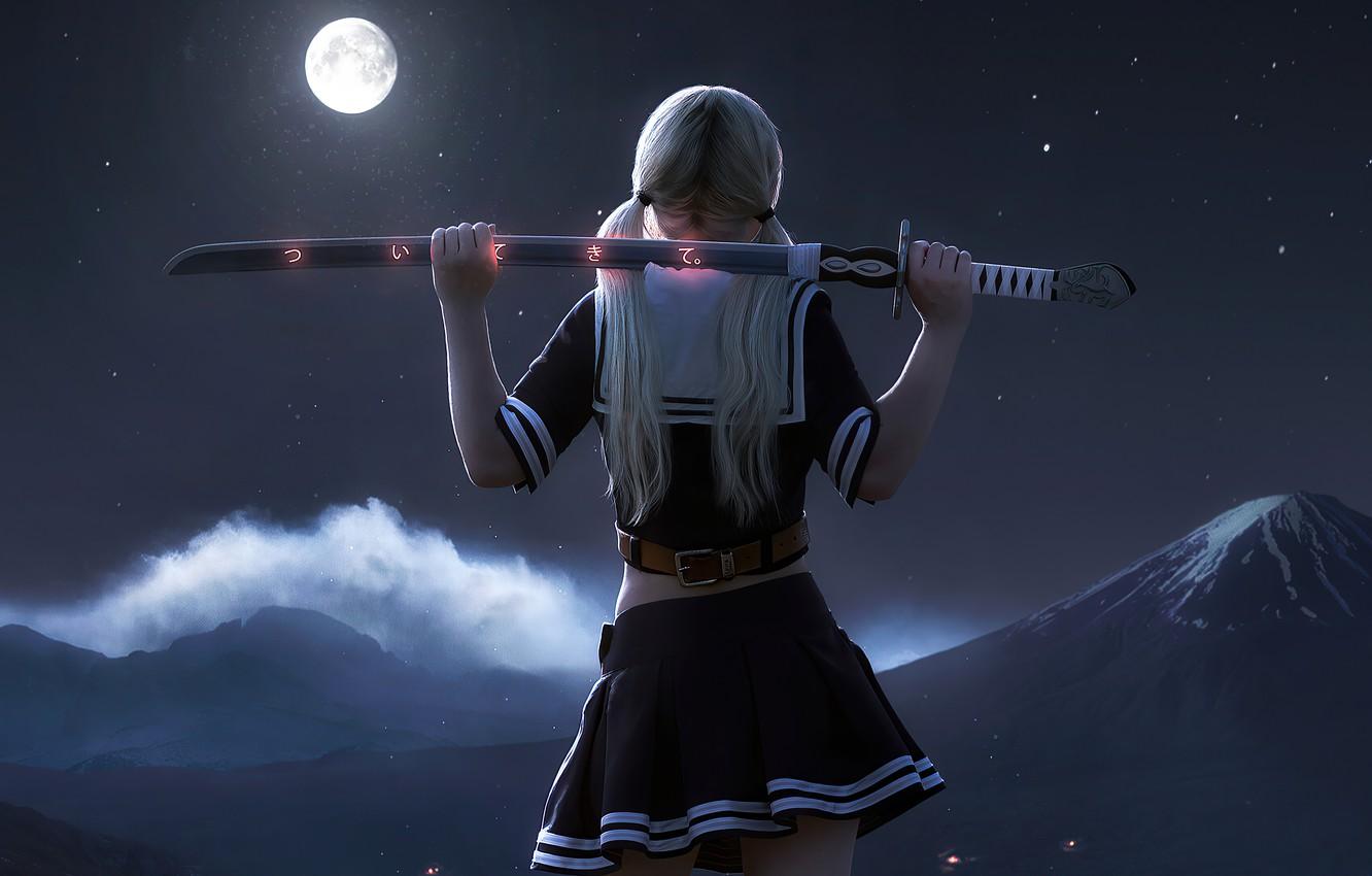 1332x850 Wallpaper girl, moon, babydoll, night, miniskirt, White hair, 3D girl, samurai sword image for desktop, section рендеринг