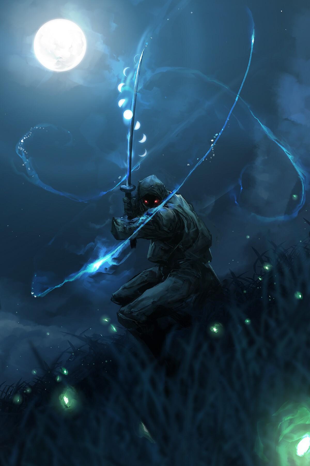 1200x1800 ArtStation, portrait display, Aaron Nakahara, Ninja, samurai, digital art, red eyes, sword, glowing eyes, Moon HD Wallpaper