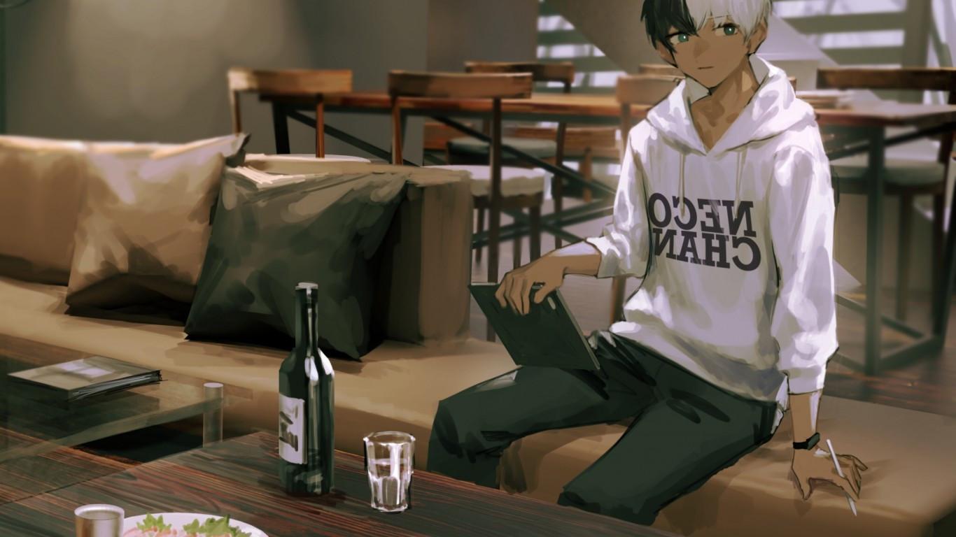 1366x768 Download 1366x768 Cute Anime Boy, Animal Ear, Fish, Hoodie Wallpaper for Laptop, Notebook