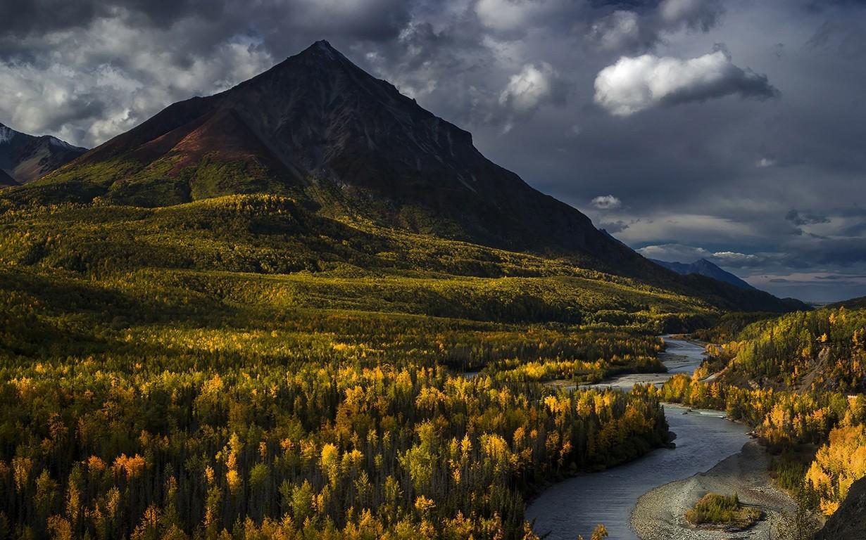 1230x768 #clouds, #forest, #mountains, #fall, #nature, #trees, #landscape, # Alaska, #river, wallpaper HD Wallpaper