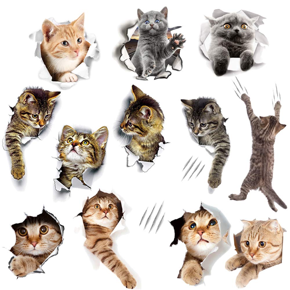 1000x1000 WMdecal 12PCS Removable 3D Cartoon Animal Cats Vinyl Wall Stickers Easy to Peel and Stick Cute Cat Wallpaper Murals for Nursery Room Toilet Kitchen Offices