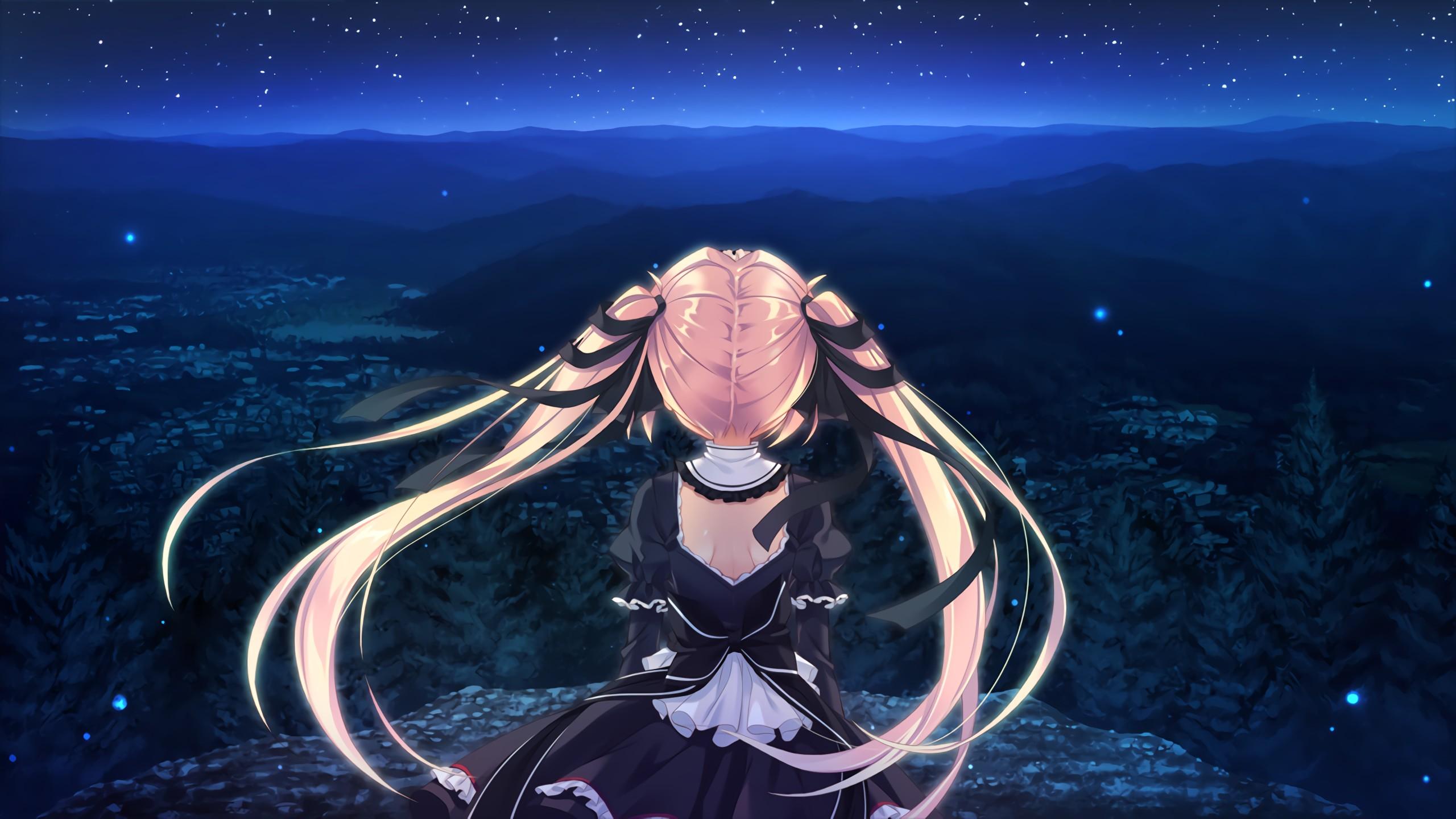 2560x1440 long hair anime anime girls night landscape sky wallpaper