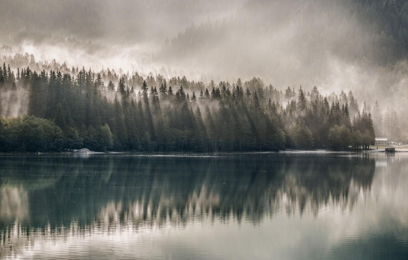 1332x850 Wallpaper Water, Nature, Fog, Lake, Trees, Forest, House, Landscape, Nature, Landscape, Water, Building, Fog, Lake, Trees, Woods image for desktop, section пейзажи