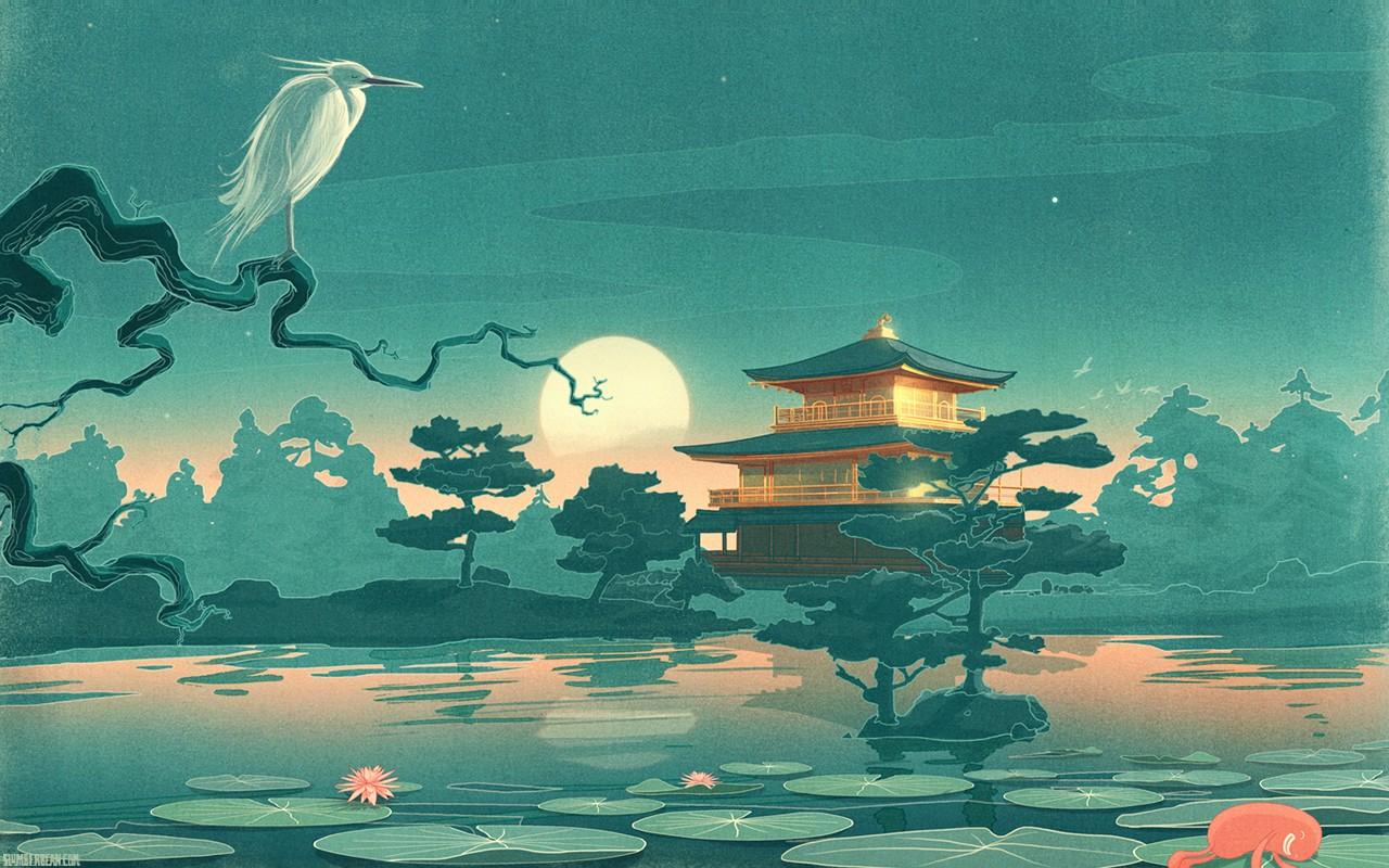 1280x800 #nature, #leaves, #forest, #water, #drawing, #branch, #birds, #artwork, #trees, #house, #water lilies, #lake, #animals, #Japanese, #Asian architecture, #night, #stars, #Moon, wallpaper HD Wallpaper