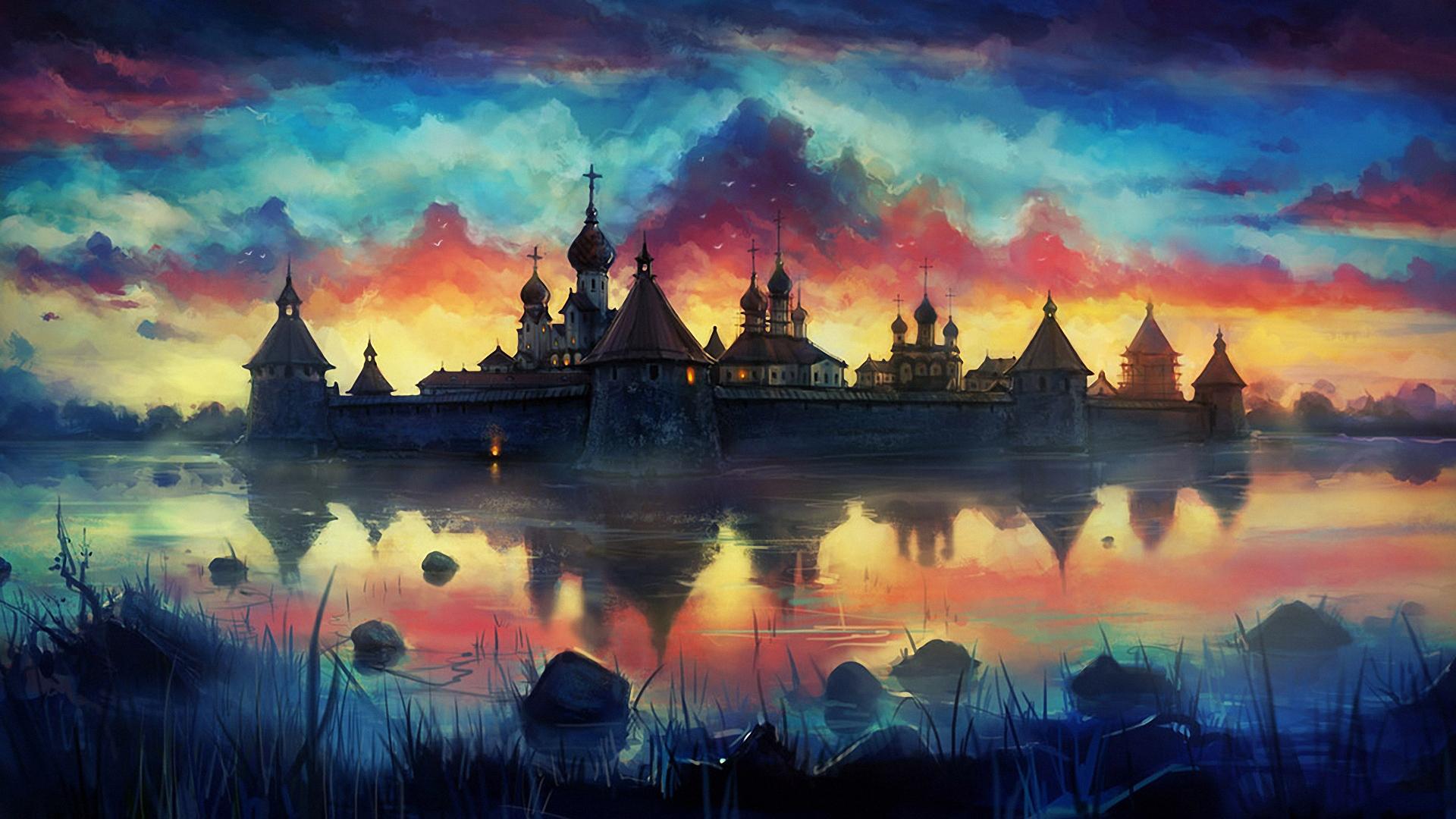 1920x1080 Drawing Painting Castle Water Stones Reflection Grass Clouds Imagination Wallpaper Book