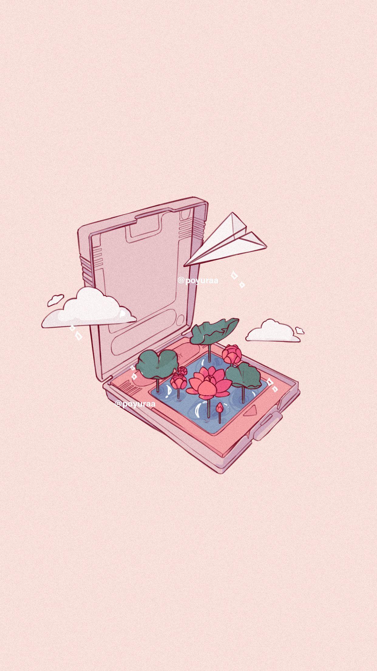 1242x2208 Aesthetic Nintendo Cartridges Water Lily Airplane Clouds Wallpaper