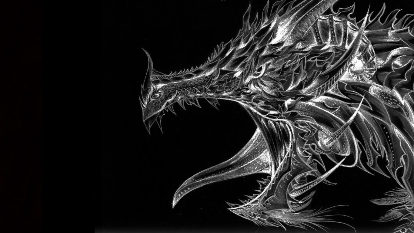 1366x768 Black and White Dragon Wallpaper
