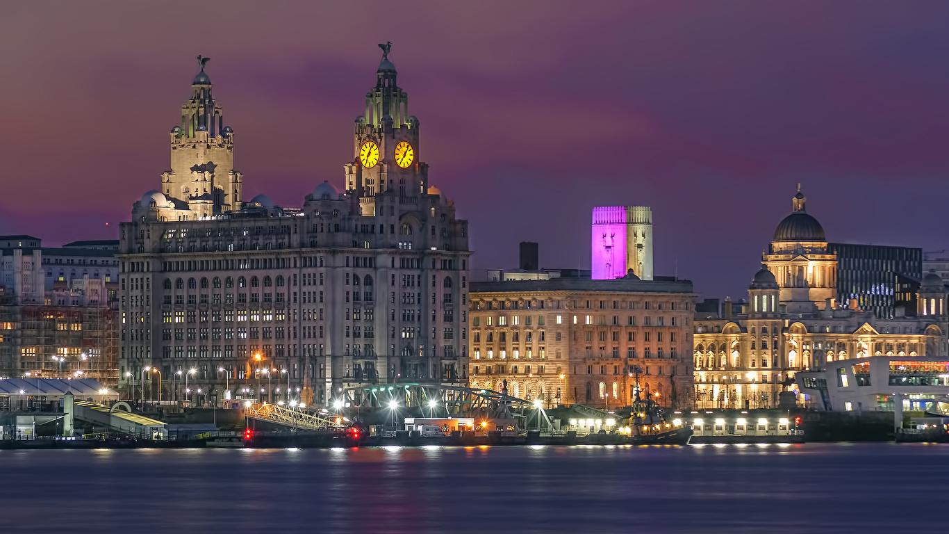 1366x768 Photo England Liverpool Clock Rivers Evening Cities 1366x768