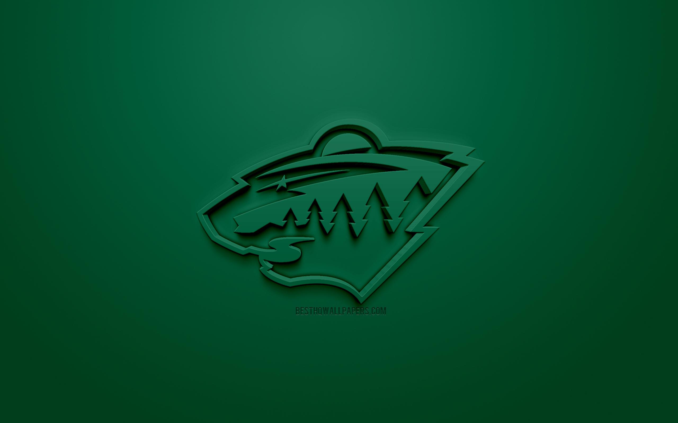 2560x1600 Download wallpaper Minnesota Wild, American hockey club, creative 3D logo, green background, 3D emblem, NHL, St Paul, Minnesota, USA, National Hockey League, 3D art, hockey, 3D logo for desktop with resolution 2560x1600
