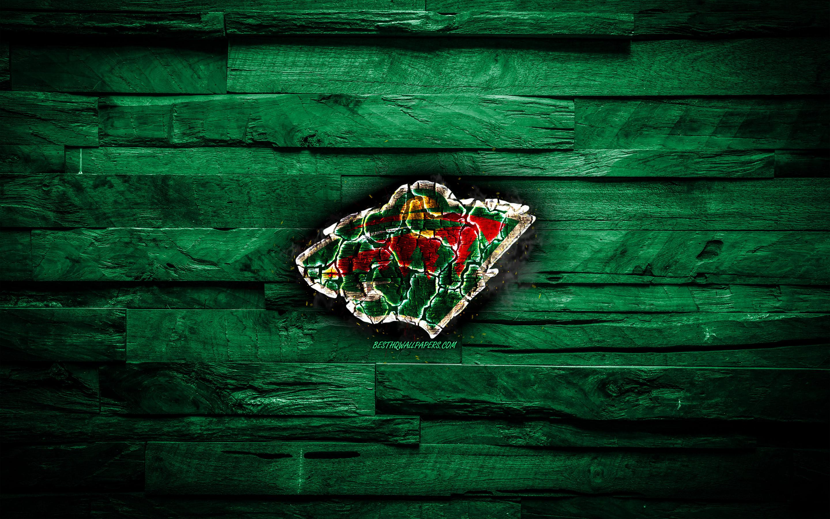 2880x1800 Minnesota Wild, Fiery Logo, Nhl, Green Wooden Background