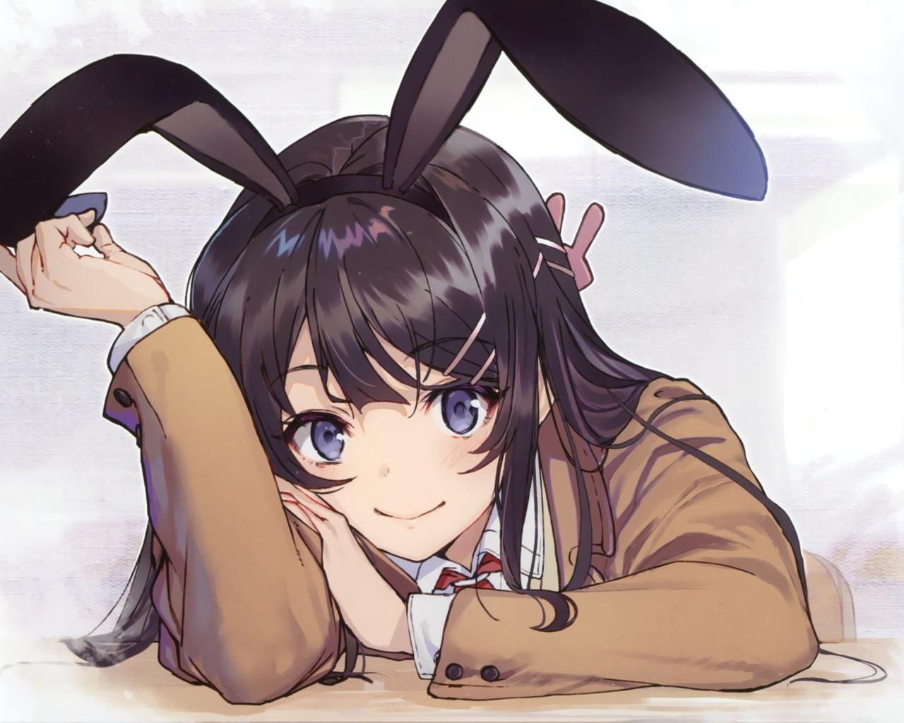 1280x1024 Download 1280x1024 Sakurajima Mai, Seishun Buta Yarou, Rabbit Ears, School Uniform, Black Hair Wallpaper