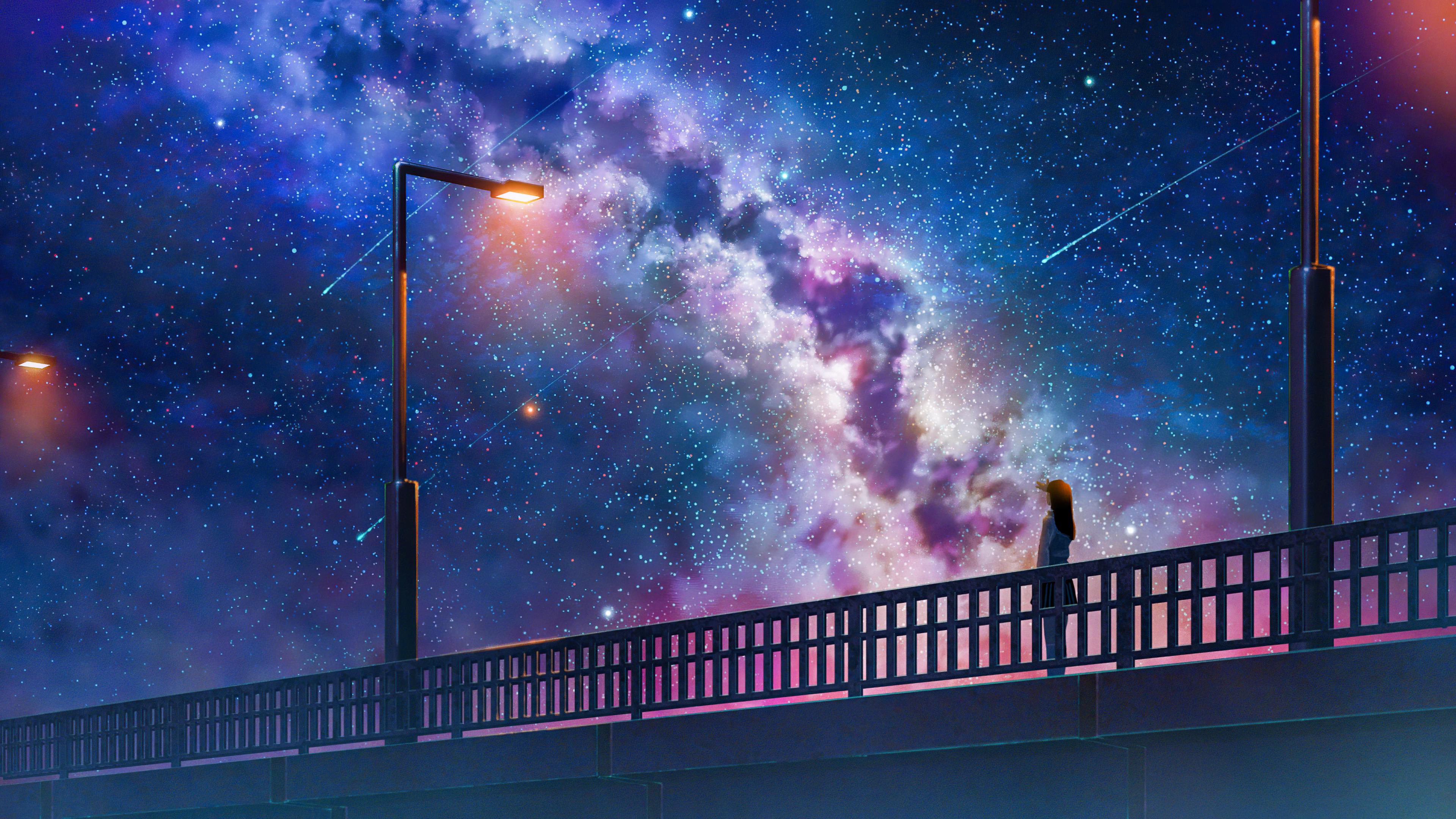 3840x2160 Anime Girl Alone At Bridge Watching The Galaxy Full Of Stars 4k 4k HD 4k Wallpaper, Image, Background, Photo and Picture