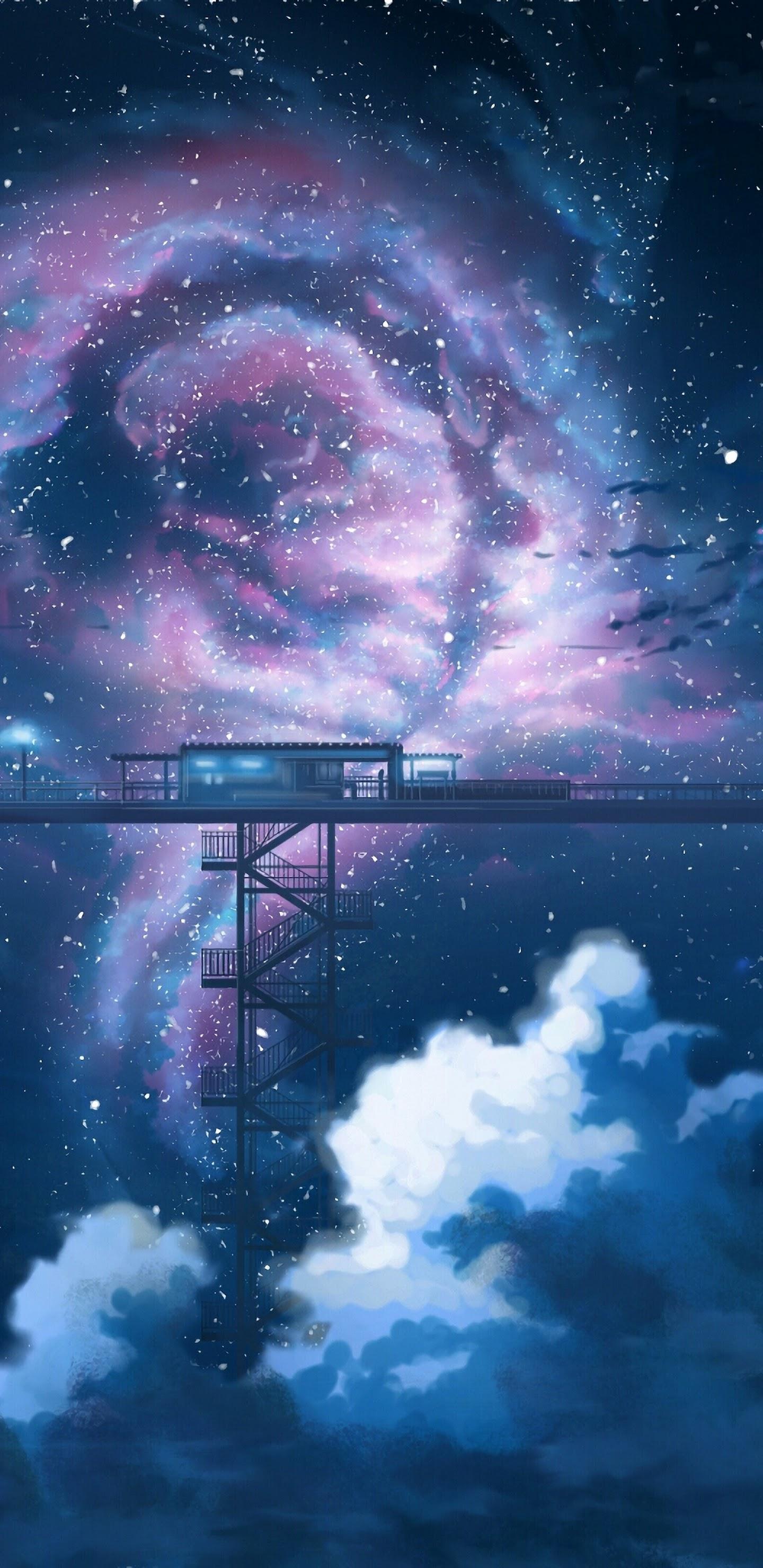 1440x2960 Anime Night Sky Stars Clouds Scenery 4K Wallpaper