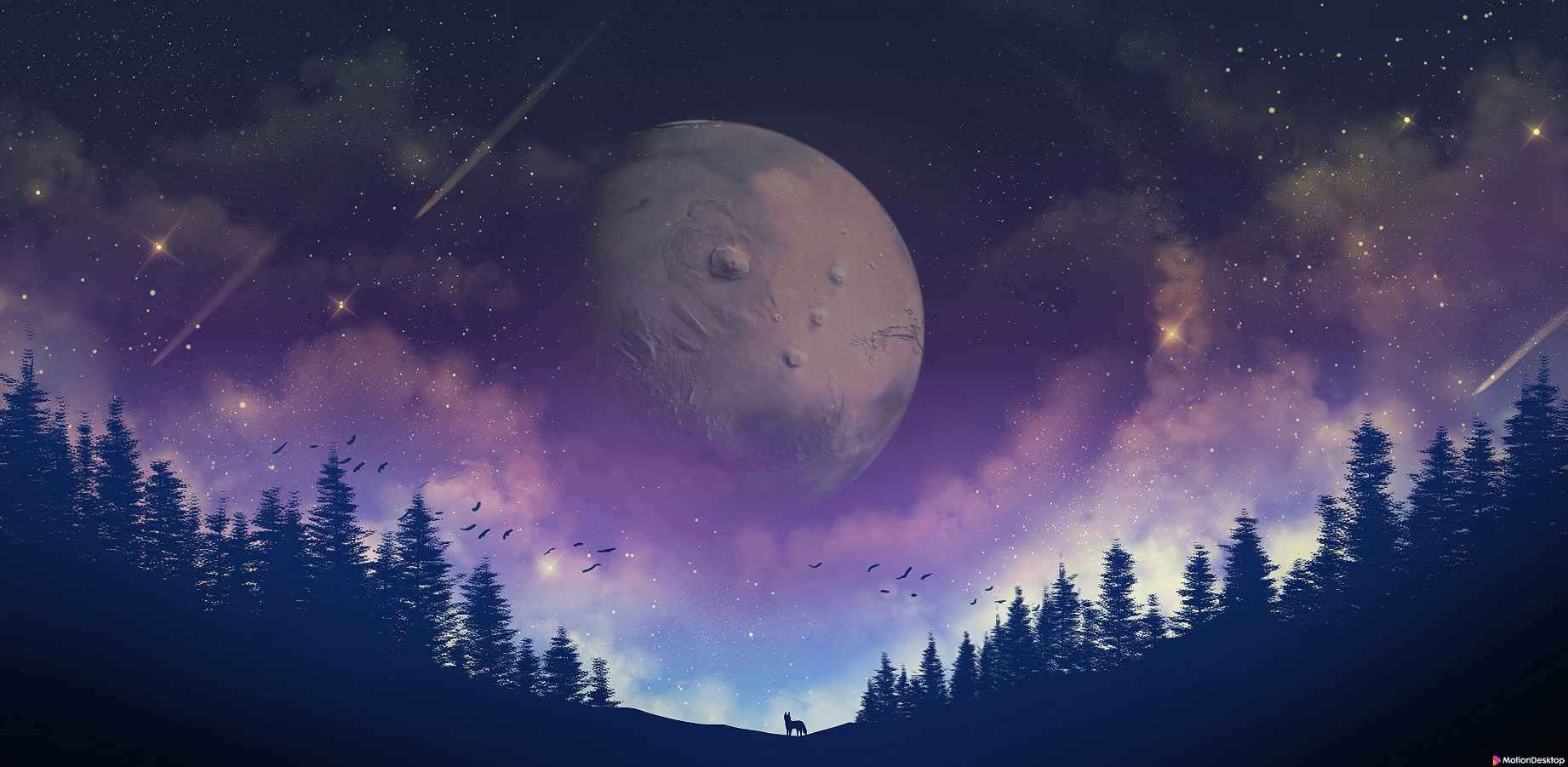 1842x901 Moon Forest Purple Galaxy 4K Animated Wallpaper By ©MotionDesktop